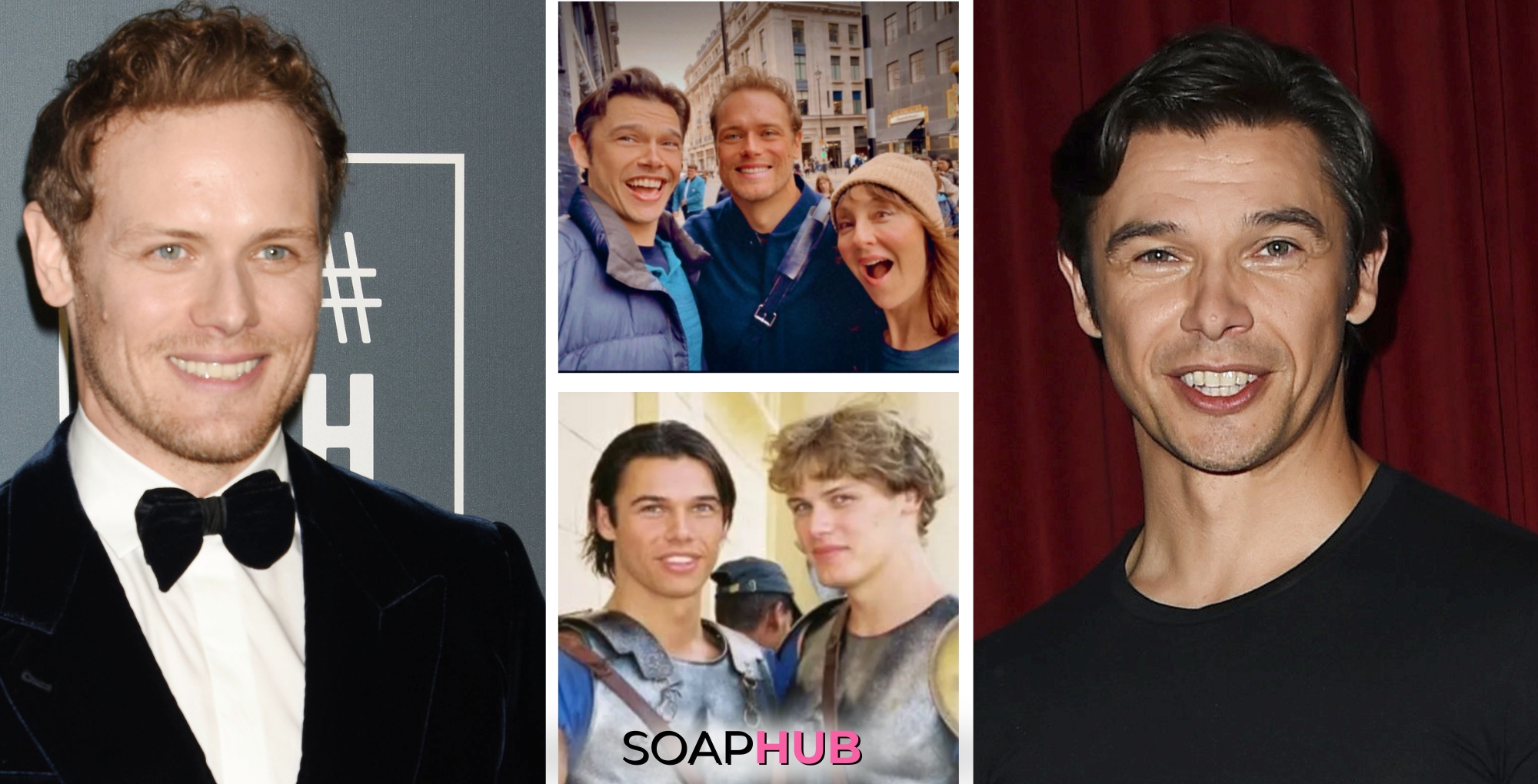 Days of our Lives Collage featuring Paul Telfer and friend Outlander actor Sam Heughan as well as tweets featuring Heughan/Telfer and Telfer's wife Carmen Cusack in London; and Telfer from Young Alexander the Great with the Soap Hub logo across the bottom.