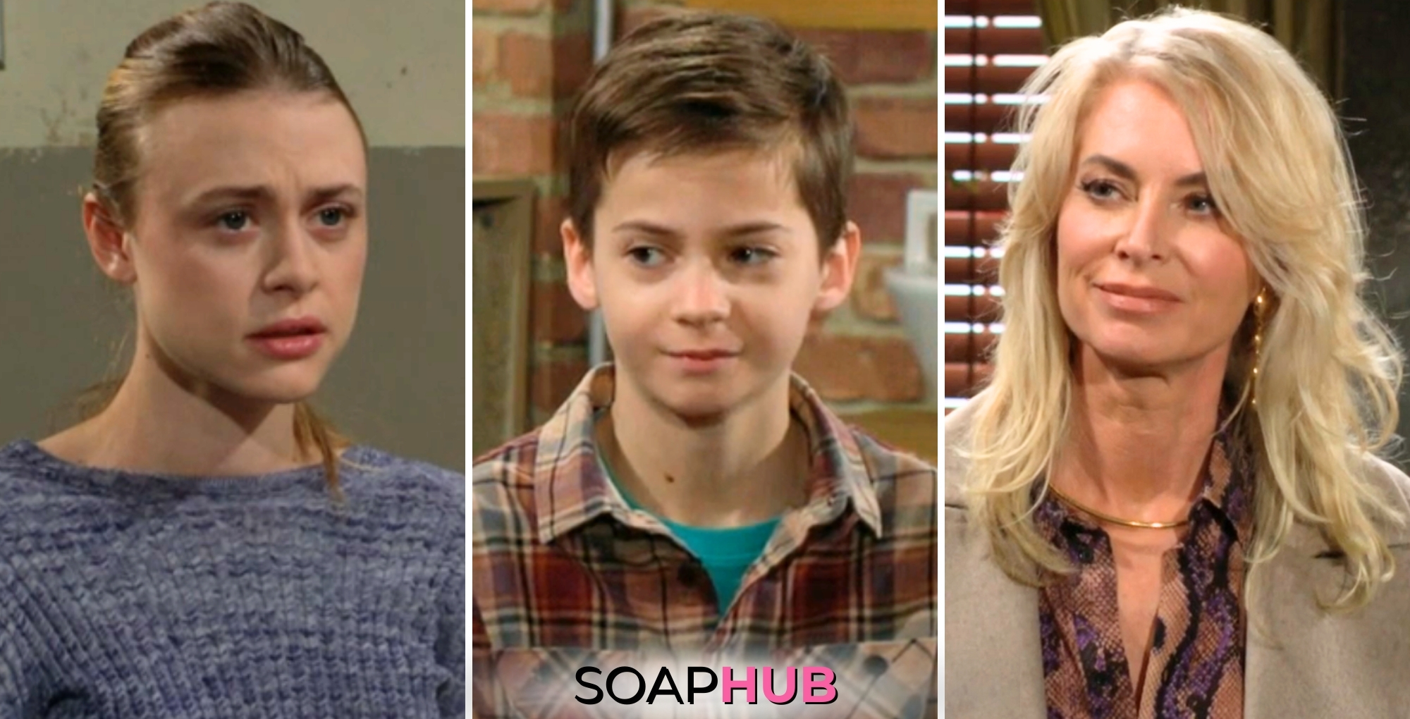 The Young and the Restless spoilers weekly update features Claire, Connor, and Ashley with the Soap Hub logo across the bottom.
