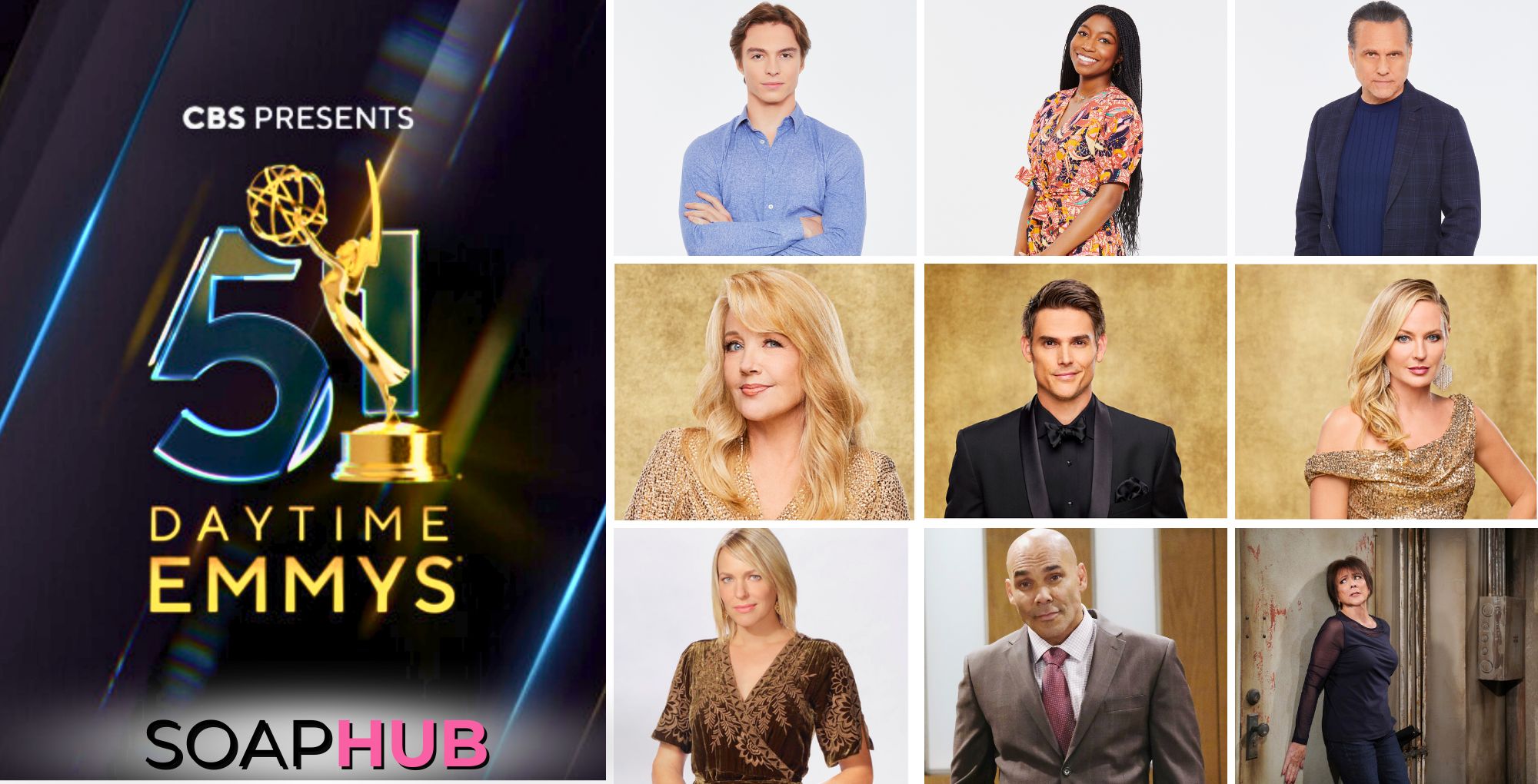 Collage about the snubs, surprises, and observations concerning the 51st Annual Daytime Emmys, with Soap Hug Logo on the bottom of image