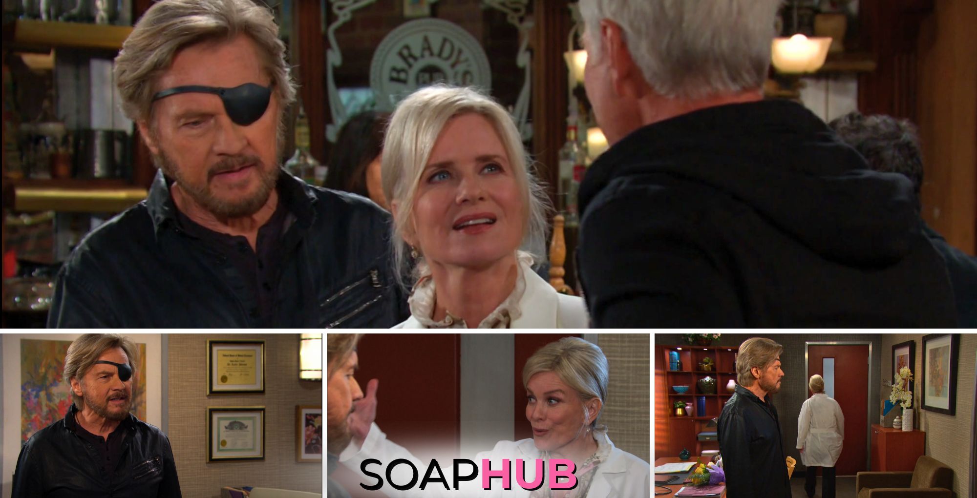 Collage from the April 8, 2024 episode of Days of Our Lives featuring Kayla, Steve, and John..with Soap Hub logo on the bottom