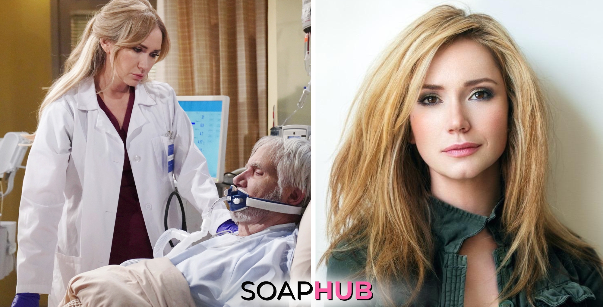 Ashley Jones Bridget in the hospital with Eric Soap Hub logo