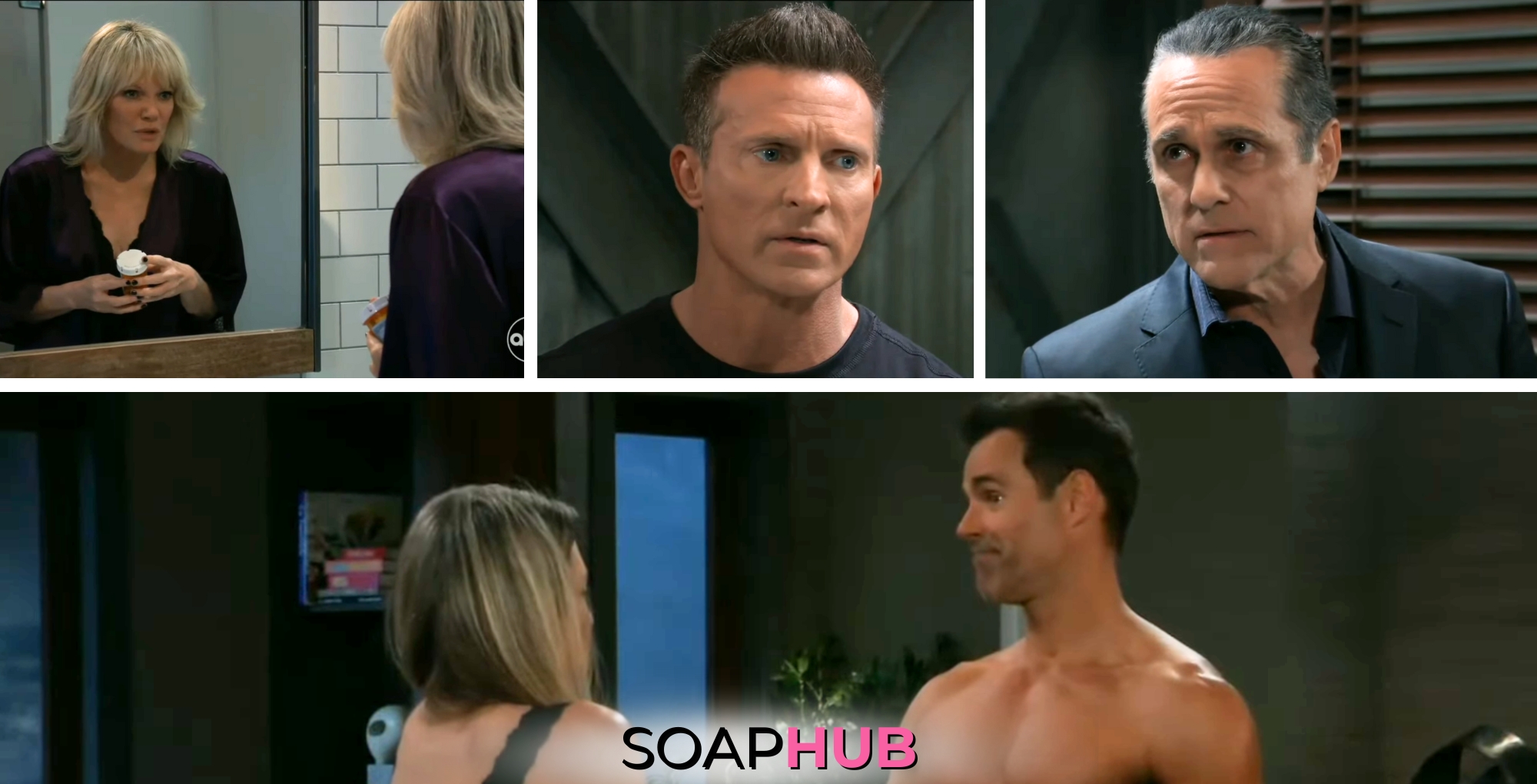 Ava, Jason, Sonny, Nina, and Drew on the April 10, 2024 episode of General Hospital with the Soap Hub logo across the bottom.