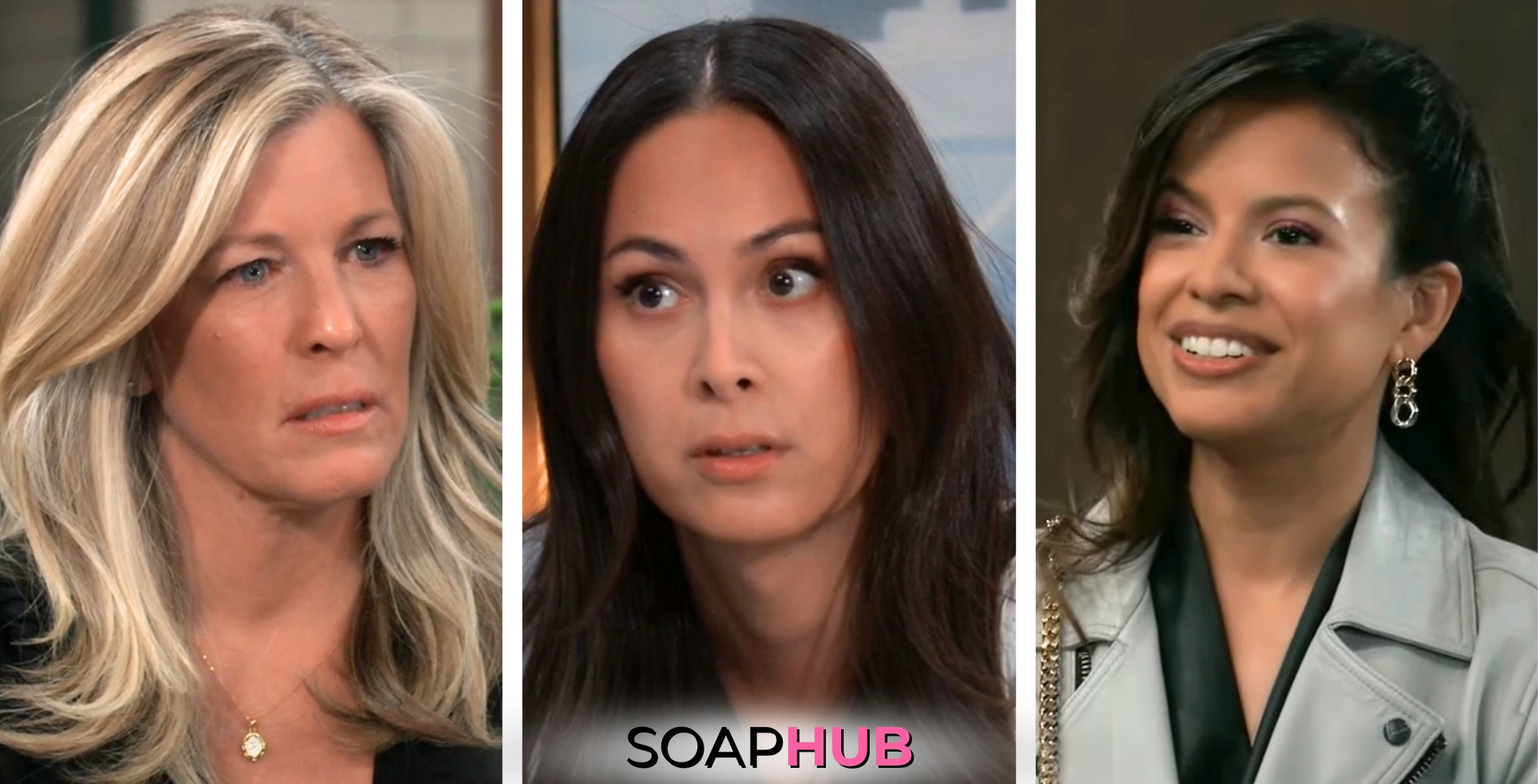Carly, Terry, and Blaze featured for General Hospital weekly update for the week of April 1 - April 5, 2024 with the Soap Hub logo across the bottom.