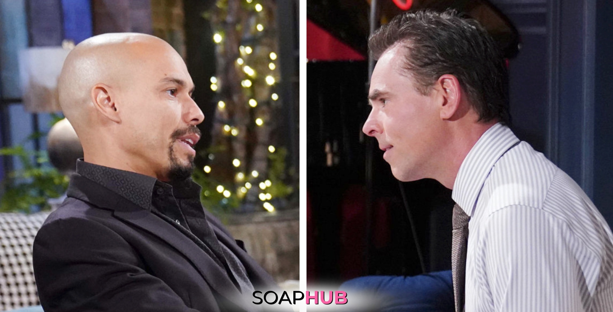 Young and the Restless spoilers with Devon and Billy and the Soap Hub logo.