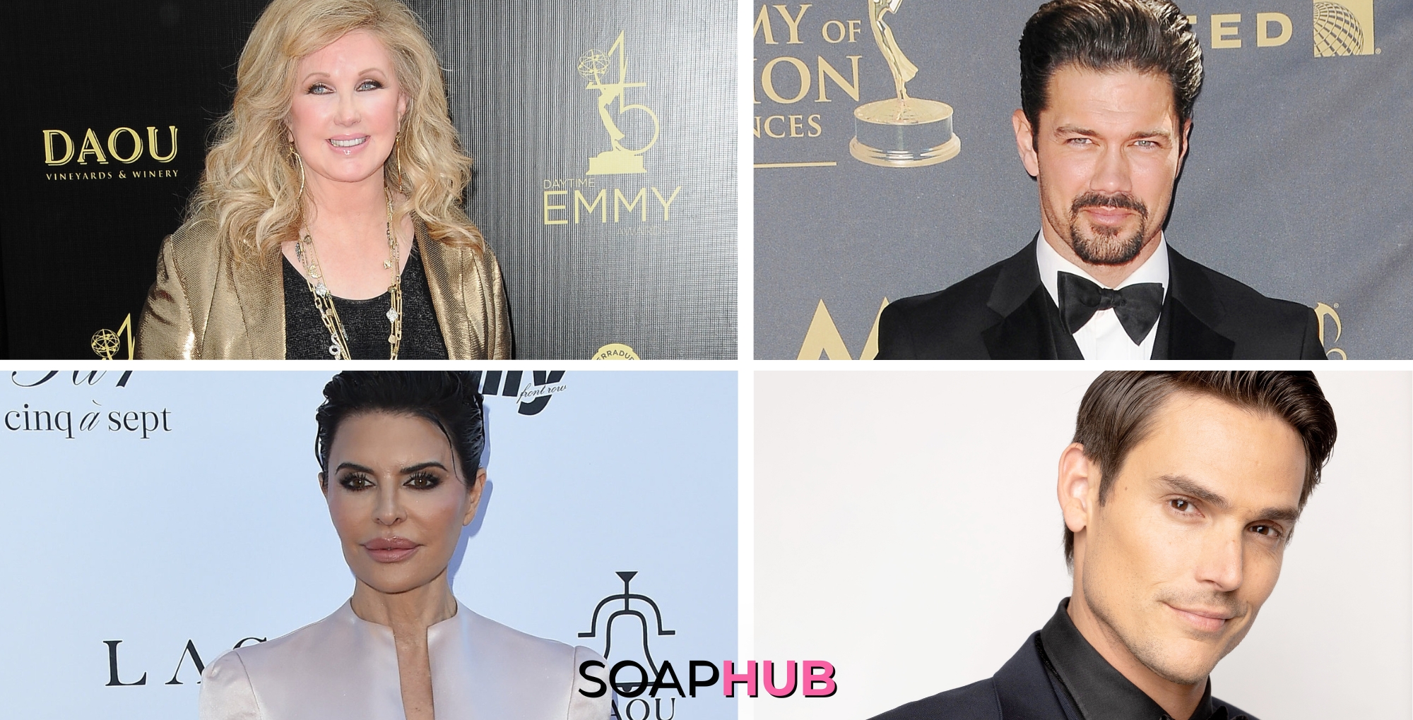 Morgan Fairchild, Ryan Paevey, Lisa Rinna, and Mark Grossman with the Soap Hub logo across the bottom.