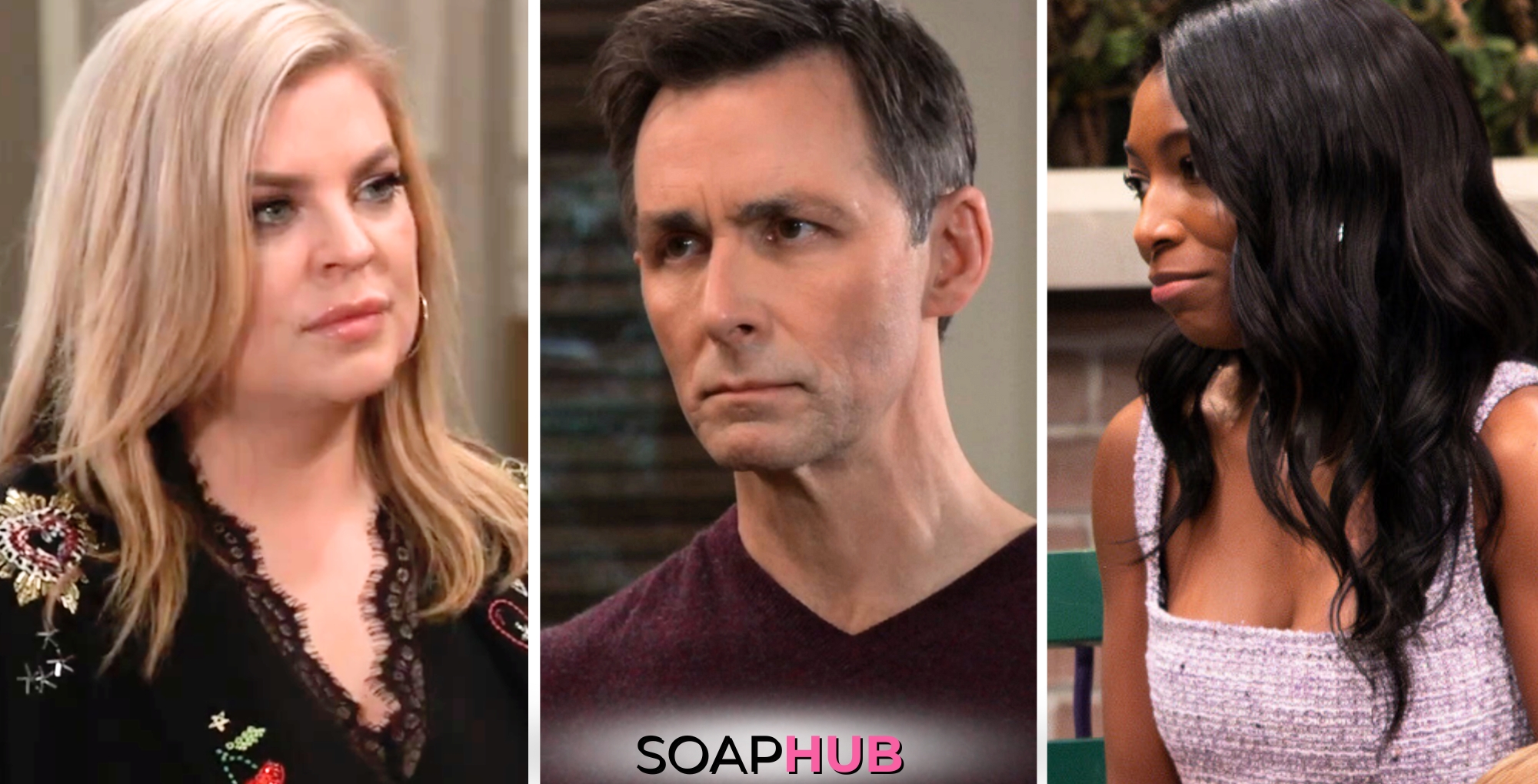 Maxie, Valentin, and Trina on General Hospital with the Soap Hub logo across the bottom.