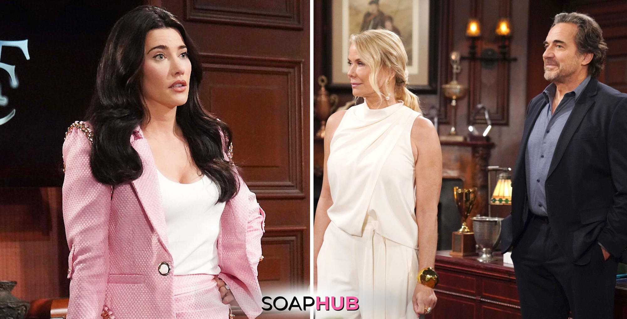 Bold and the Beautiful Spoilers for Thursday, June 12, Episode 9293 Features Steffy, Brooke and Ridge with the Soap Hub Logo Across the Bottom.