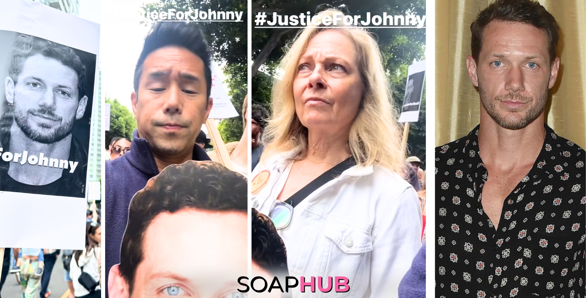 Parry Shen, Bonnie Burroughs, Johnny Wactor with the Soap Hub logo across the bottom.
