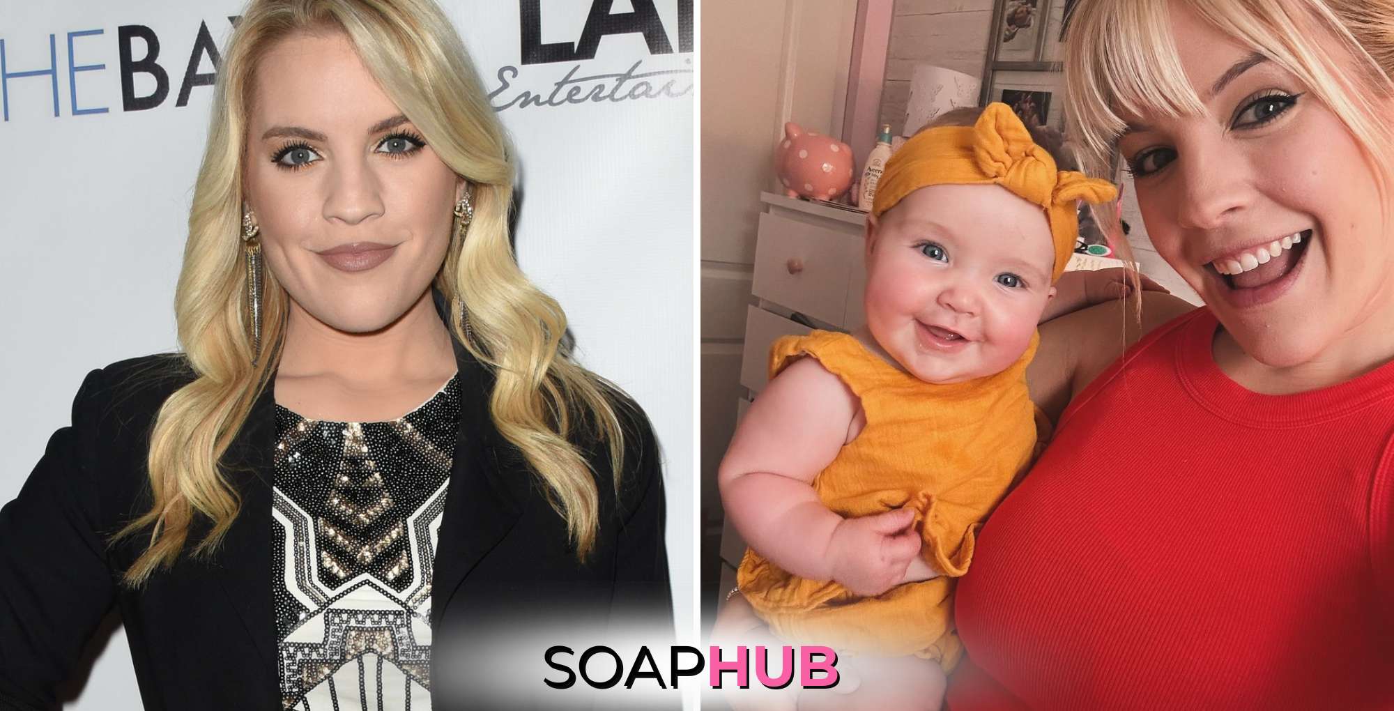 General Hospital alum Kristen Alderson and her daughter with the Soap Hub logo.