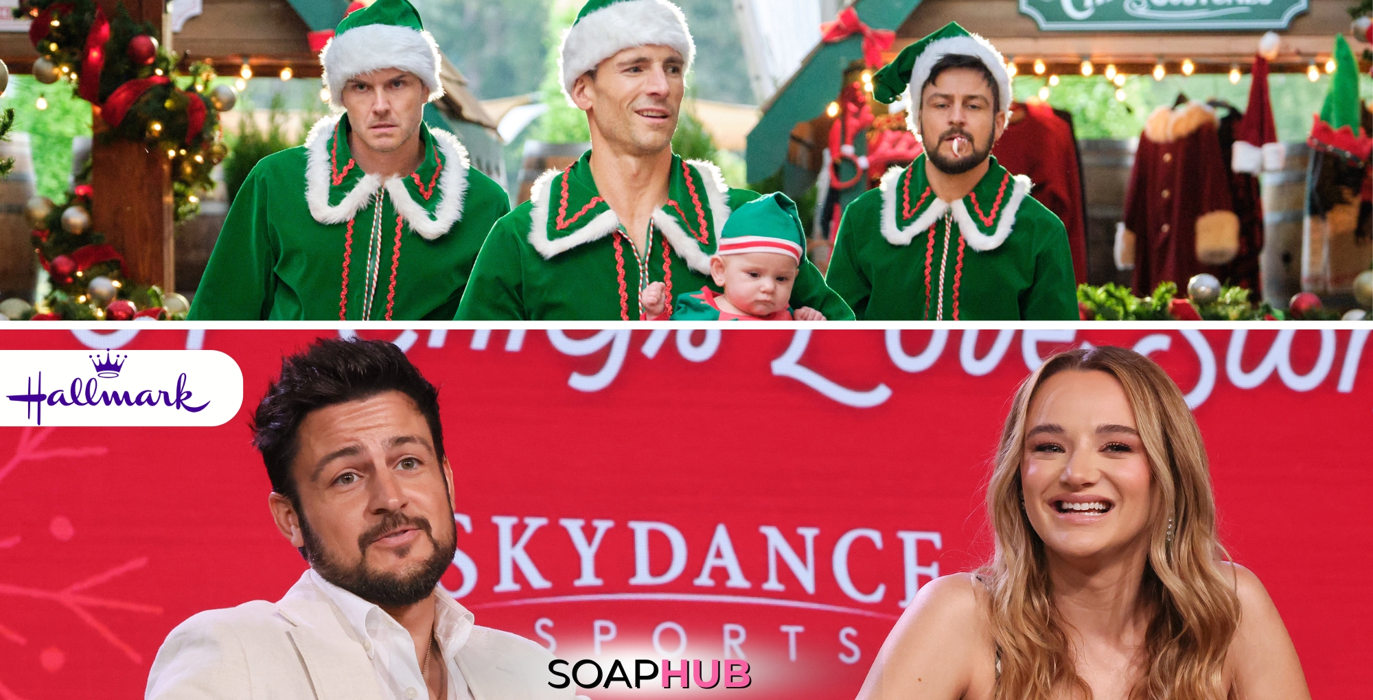 Image featuring Hallmark Countdown to Christmas, featuring Three Wise Men and a Baby and Tyler Hynes and Hunter King, with Soap Hub logo on bottom of image