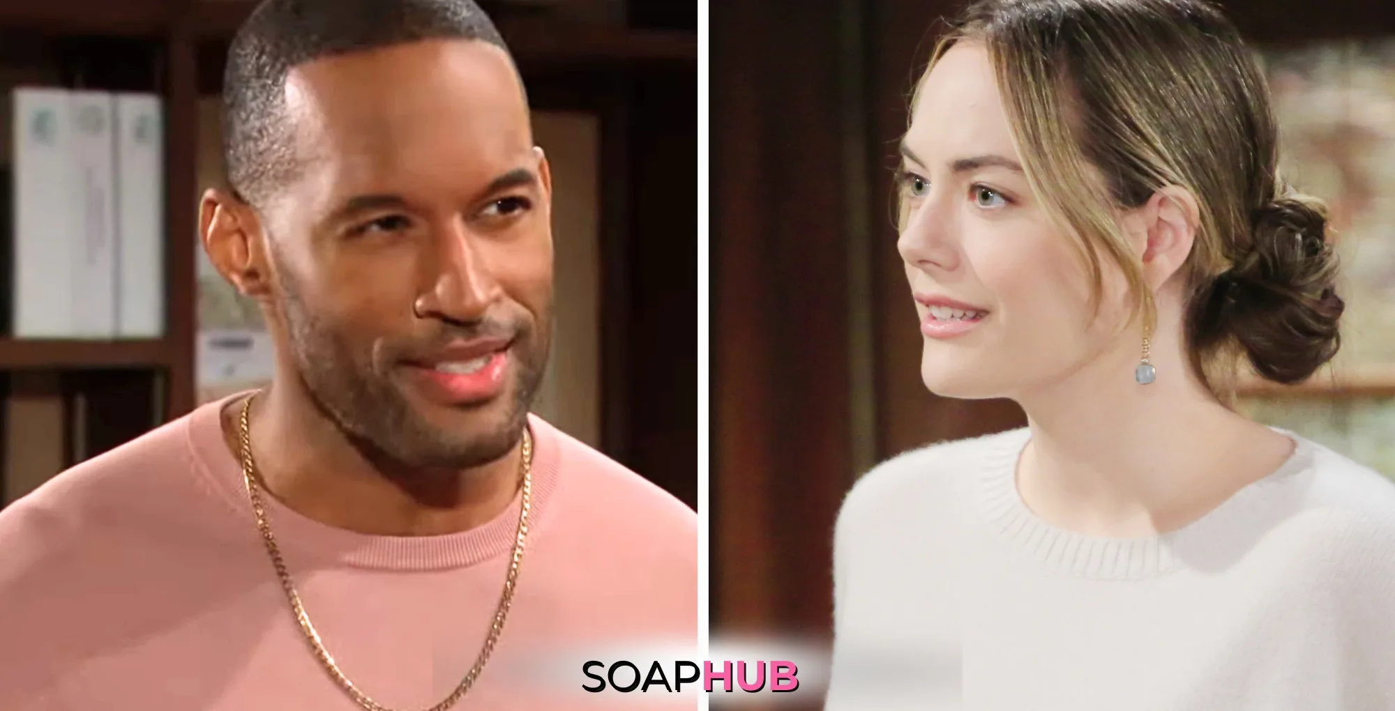 Bold and the Beautiful Spoilers for Friday, October 18, Episode 9384 Feature Carter and Hope with the Soap Hub Logo Across the Bottom.