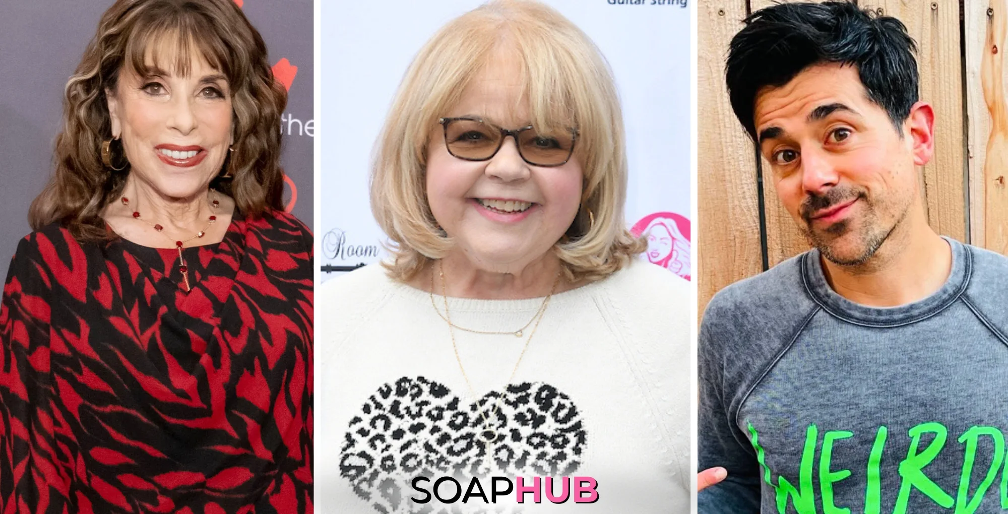 Days of Our Lives' Patrika Darbo with Kate Linder and Adam Huss, with the Soap Hub logo across the bottom.