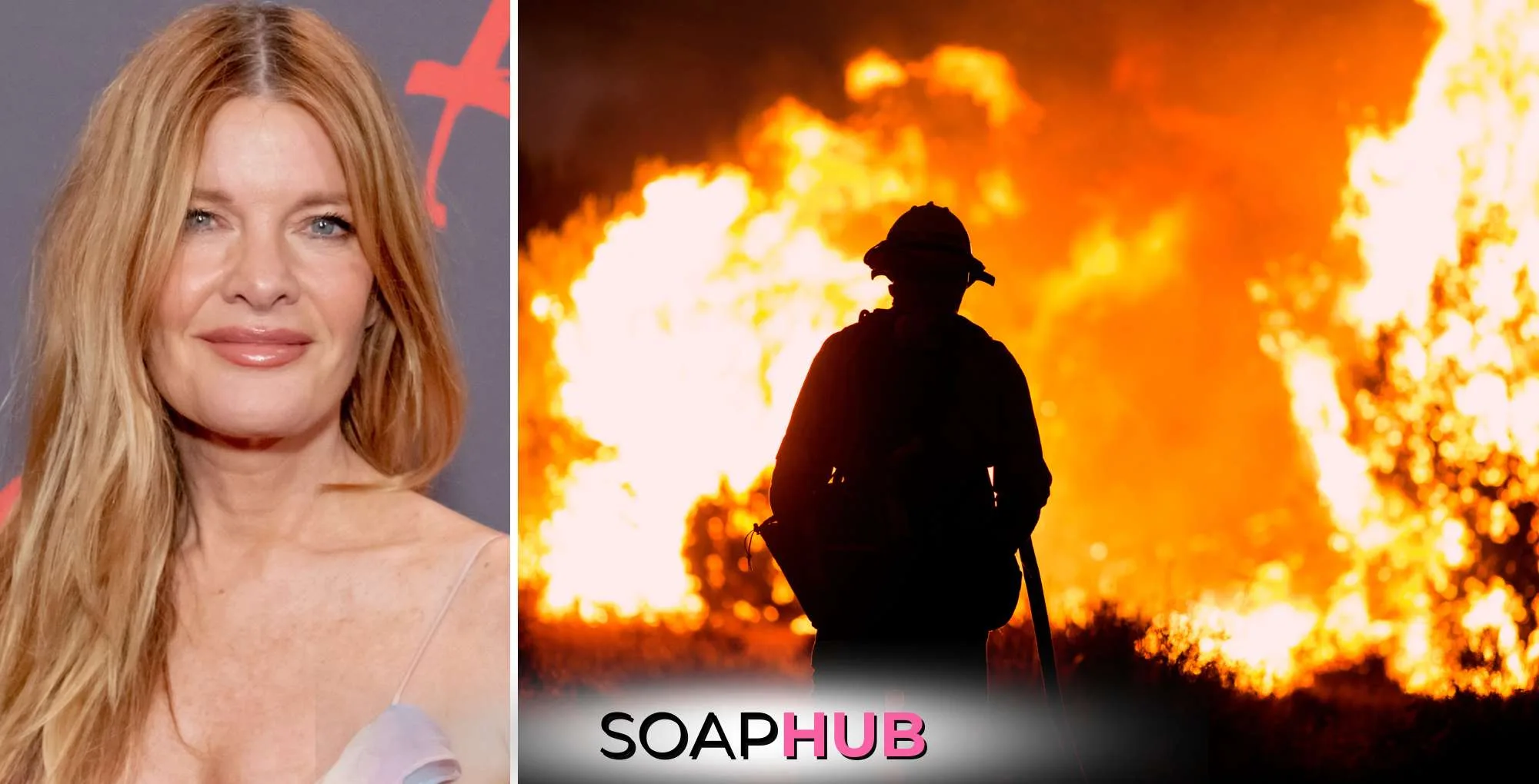 Young and the Restless Michelle Stafford, Firefighter, and the Los Angeles fire with the Soap Hub logo.