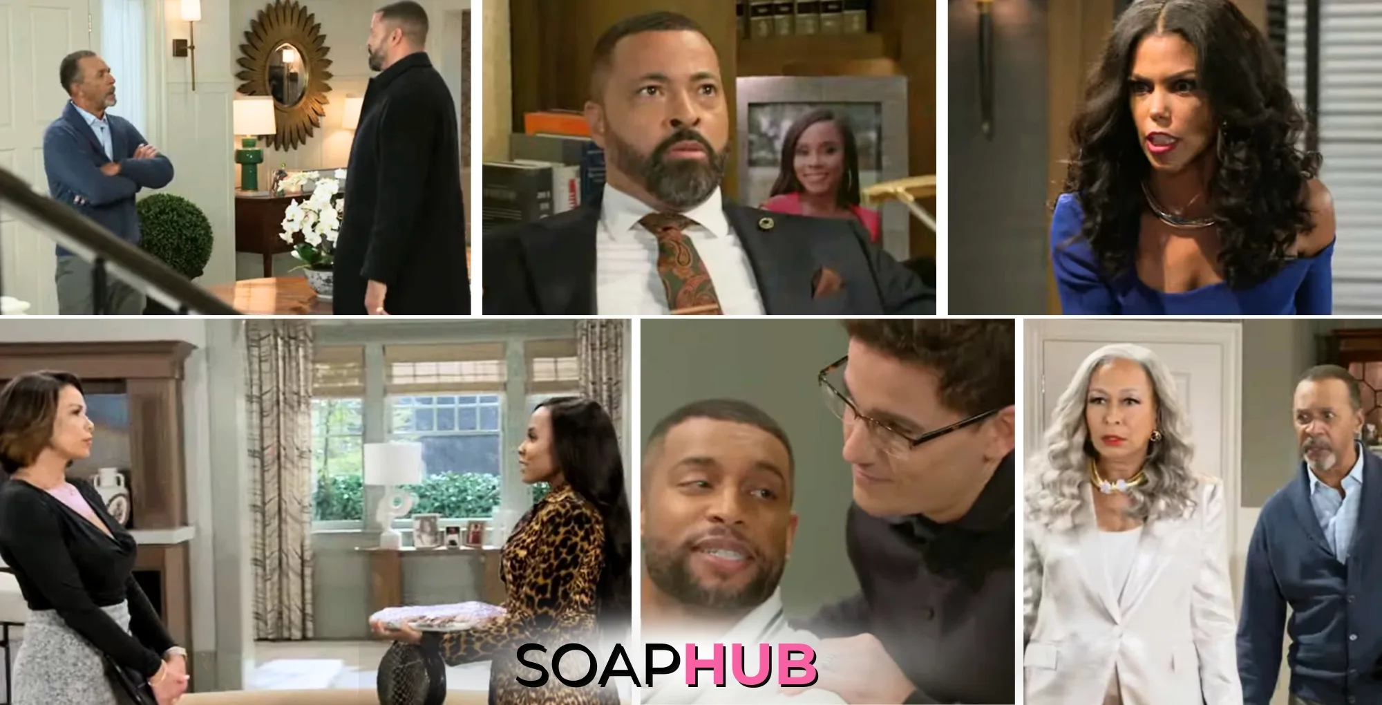 Collage of the Tuesday, February 25 episode of Beyond the Gates, with the Soap Hub logo
