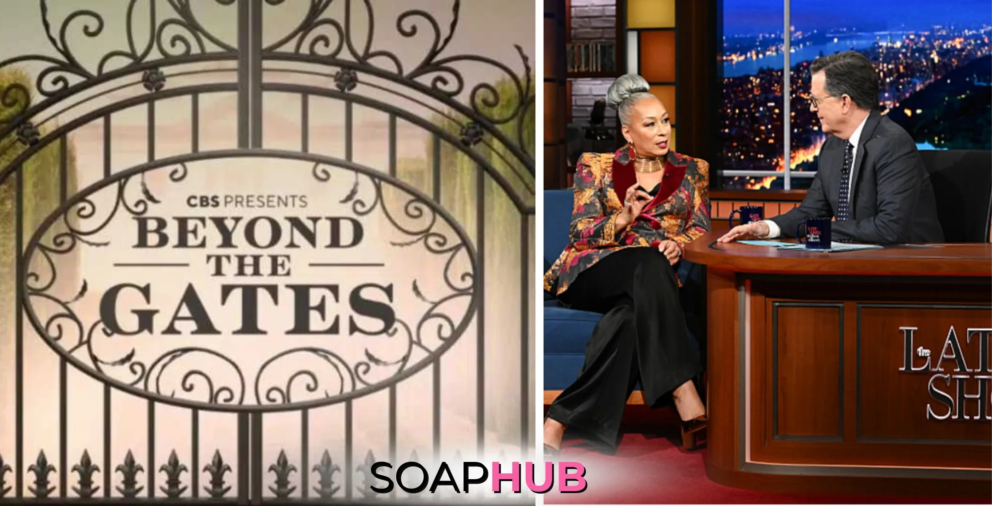 Beyond the Gates' Tamara Tunie, on the Late Show with Stephen Colbert, with Soap Hub Logo