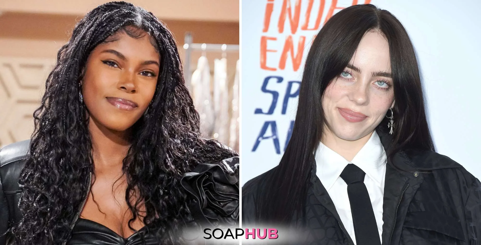 Bold and the Beautiful's Diamond White and Billie Elish with the Soap Hub logo.