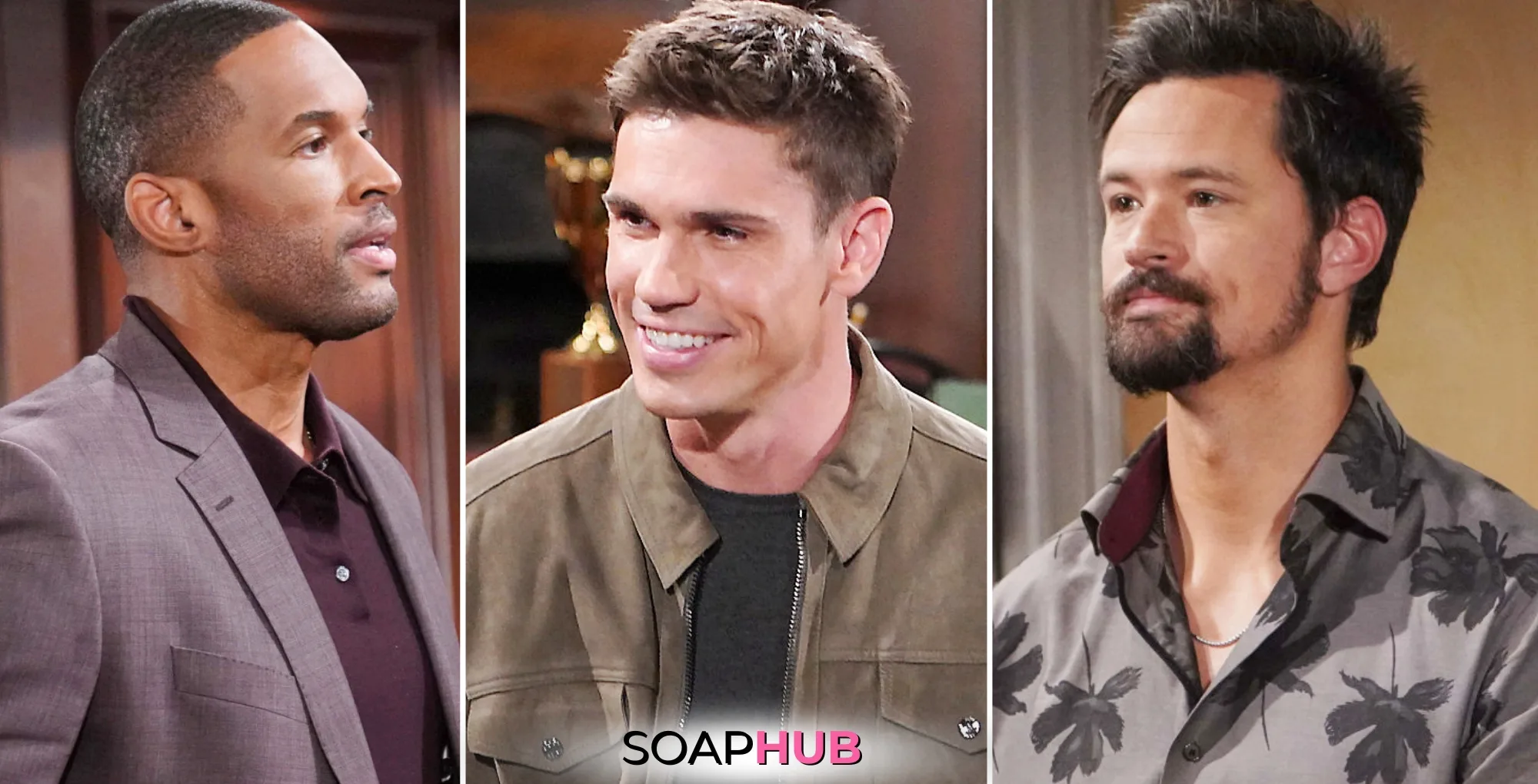 The Bold and the Beautiful's Carter, Finn, and Thomas with the Soap Hub logo across the bottom.