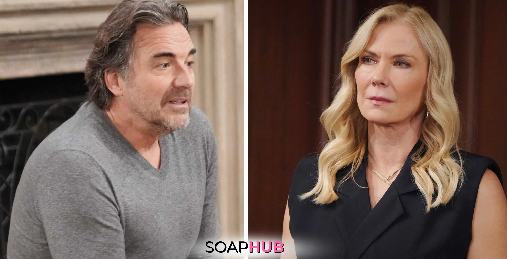 Bold and the Beautiful February 19 recap Ridge and Brooke with the Soap Hub logo.