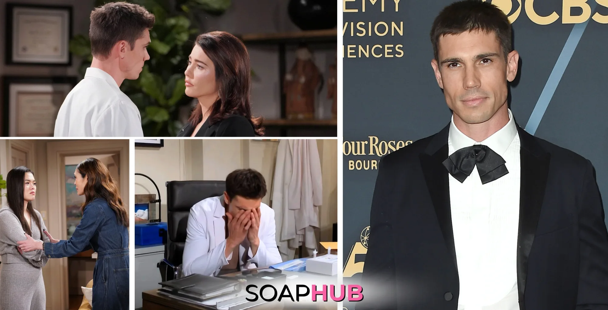 The Bold and the Beautiful's Tanner Novlan and Finn with Steffy, Poppy, and Luna, with the Soap Hub logo