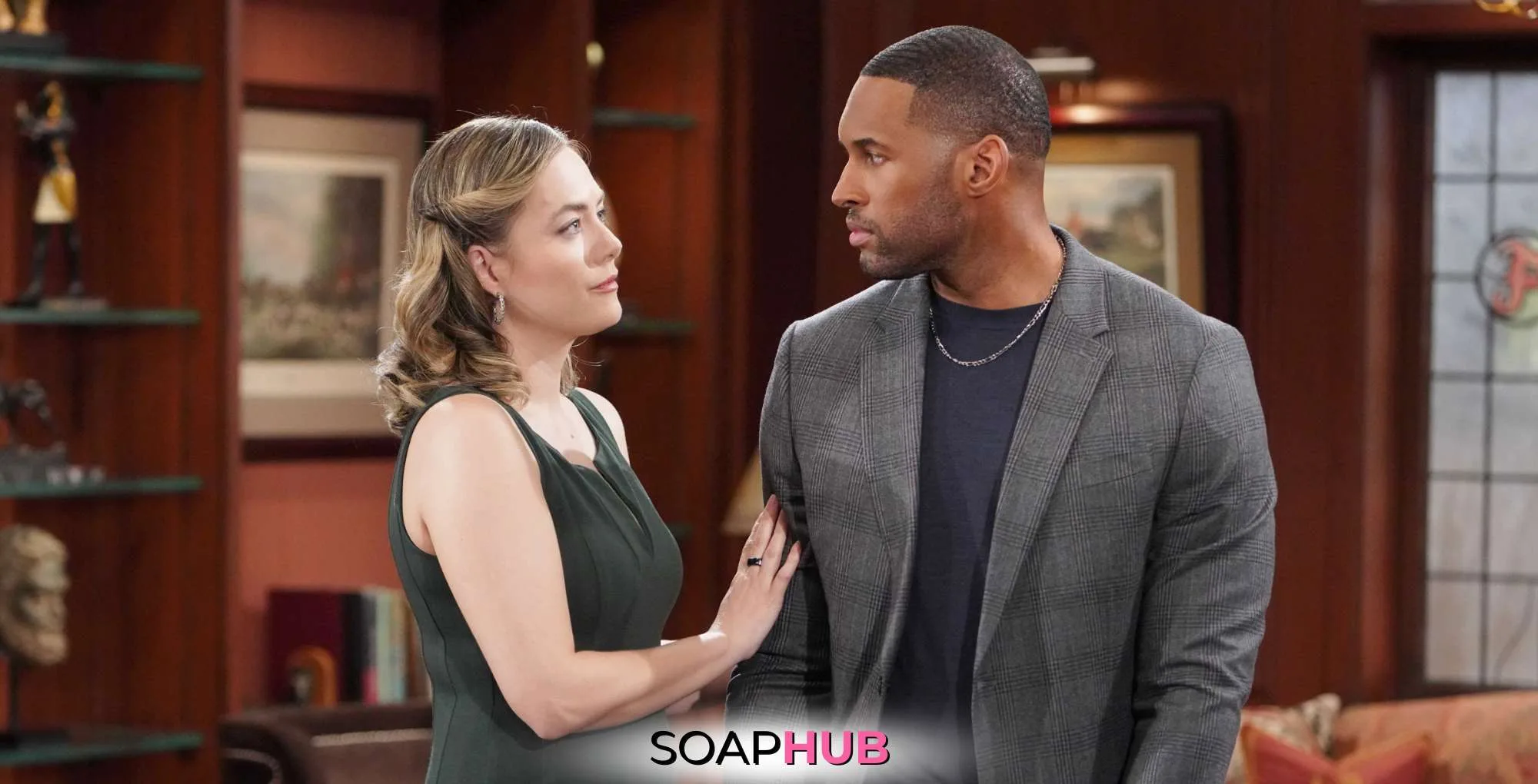 Bold and the Beautiful's Hope and Carter with the Soap Hub logo.