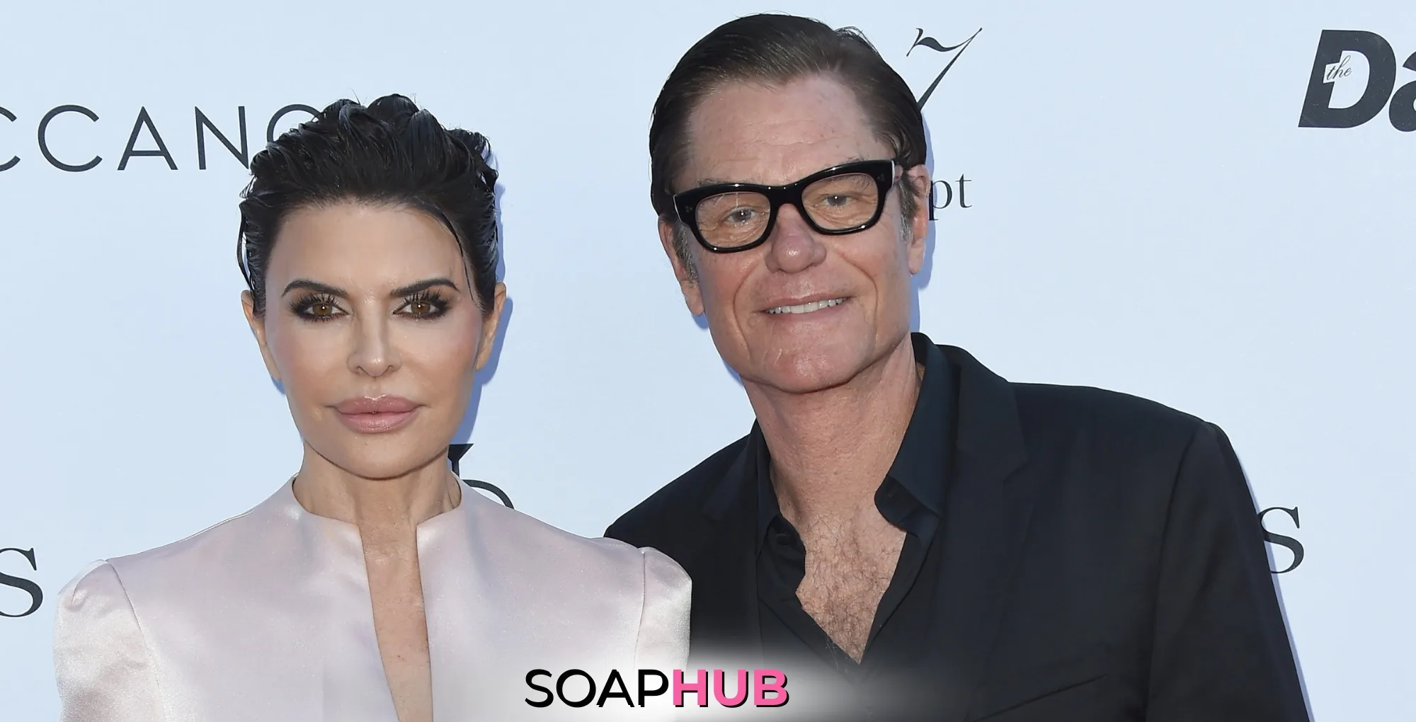 Days of Our Lives Lisa Rinna and Harry Hamlin with the Soap Hub logo.