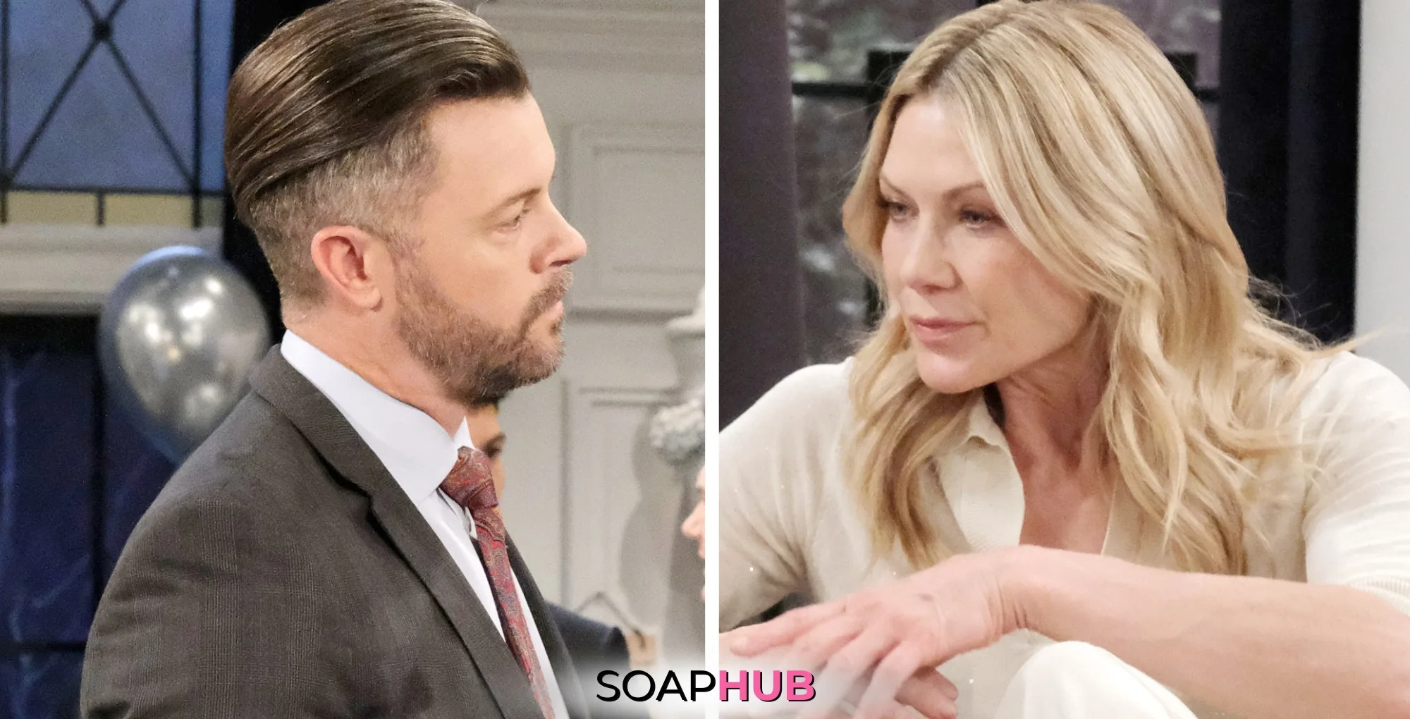 Days of our Lives Spoilers February 13 EJ and Kristen with the Soap Hub logo.