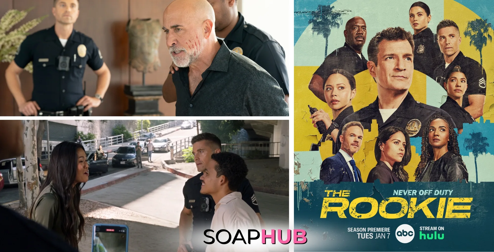 Bold and the Beautiful's Lisa Yamada and General Hospital's Carlo Rota appeared on ABC's The Rookie, with Soap Hub logo