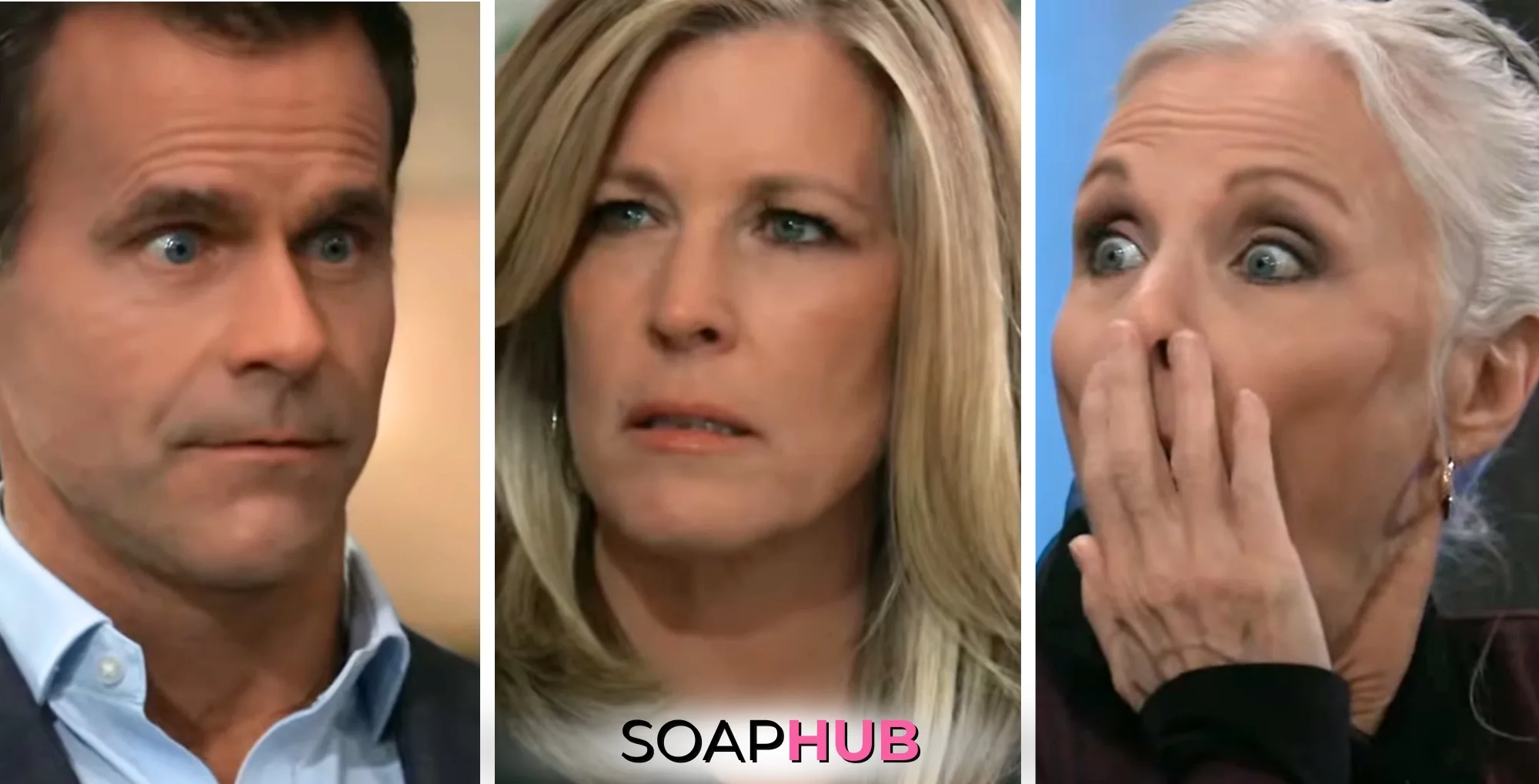 Drew, Carly, and Tracy on the February 4, 2025 episode of General Hospital with the Soap Hub logo across the bottom.