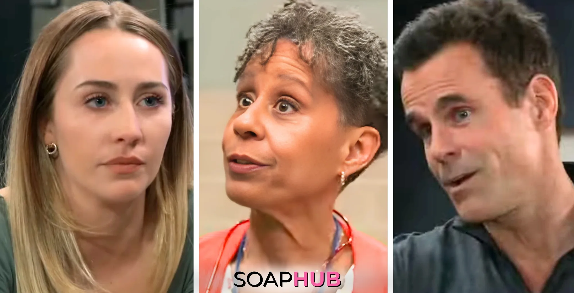 Joss, Stella, and Drew on General Hospital with the Soap Hub logo across the bottom.