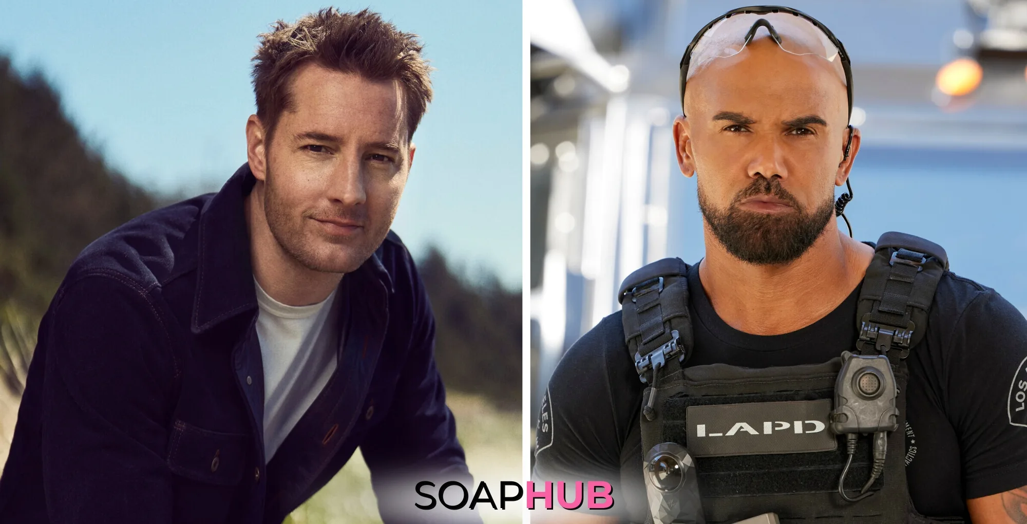 Young and the Restless alums Justin Hartley and Shemar Moore with the Soap Hub logo.