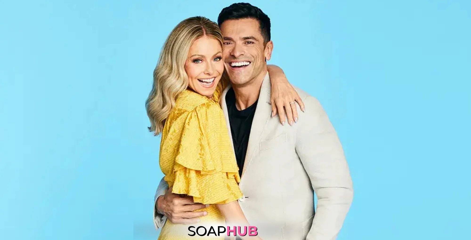 All My Children alums Kelly Ripa and Mark Consuelos with the Soap Hub logol.