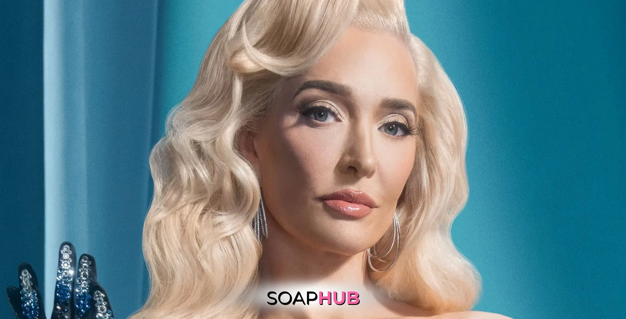 Real Housewives of Beverly Hills Erika Jayne with the Soap Hub logo.