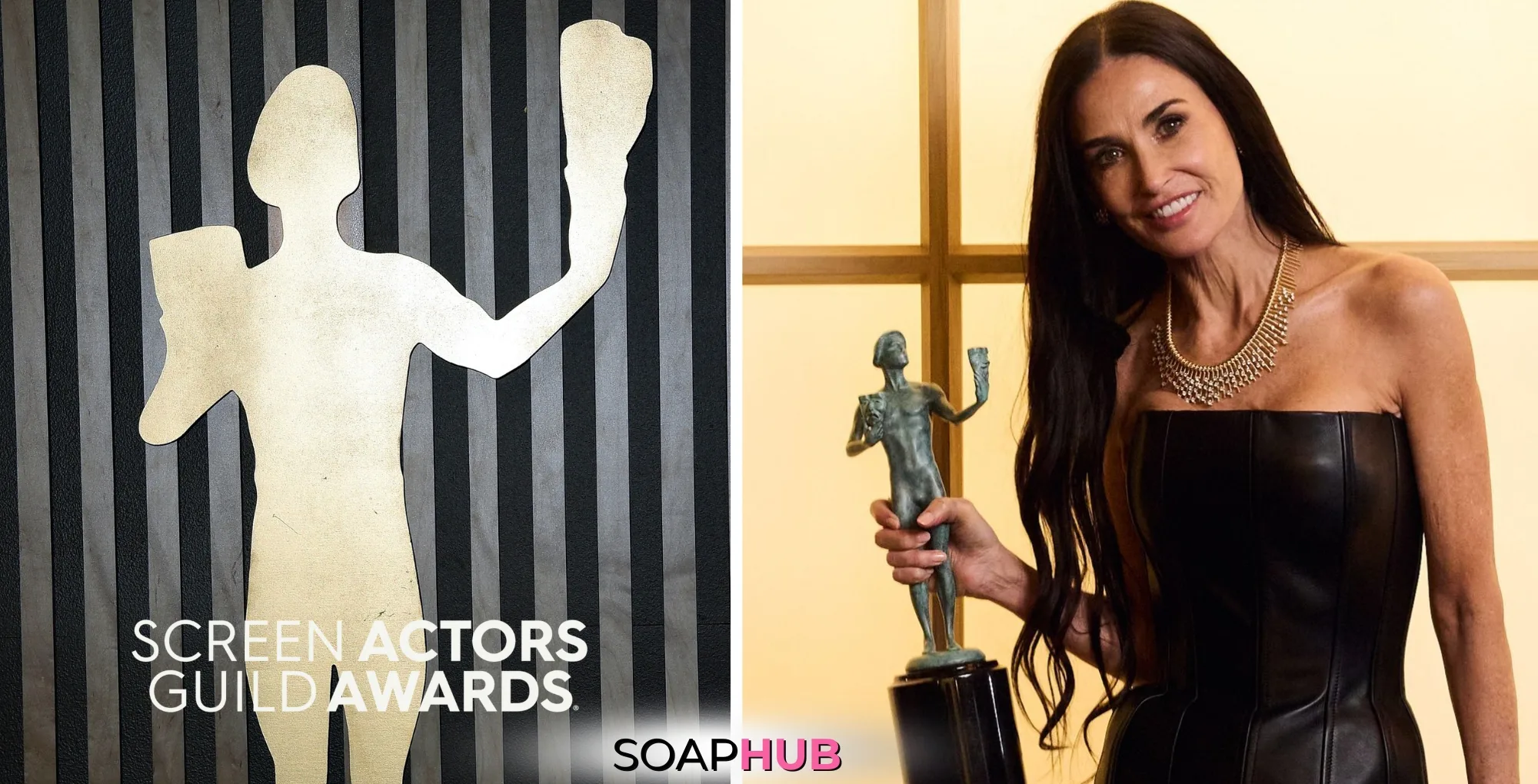 Demi Moore wins at the 2025 Screen Actors Guild Awards, with Soap Hub logo