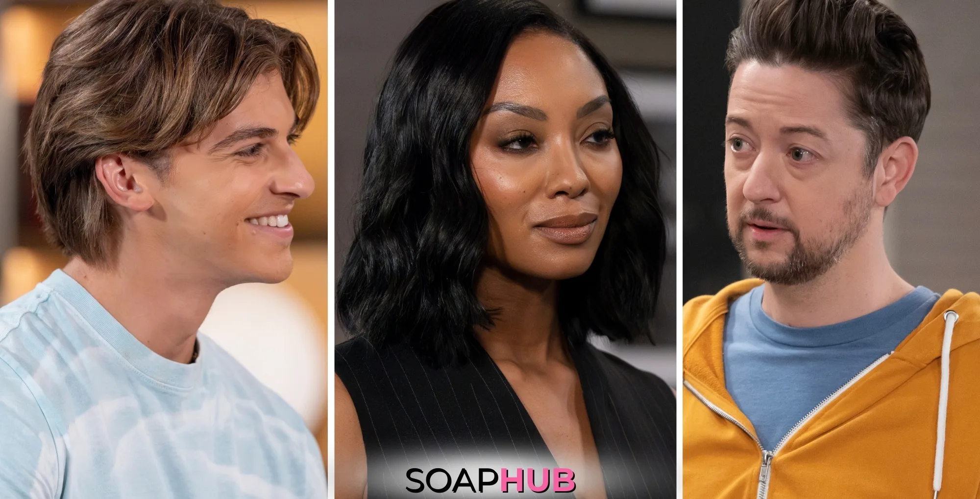 Gio, Jordan, and Spinelli on General Hospital with the Soap Hub logo across the bottom.