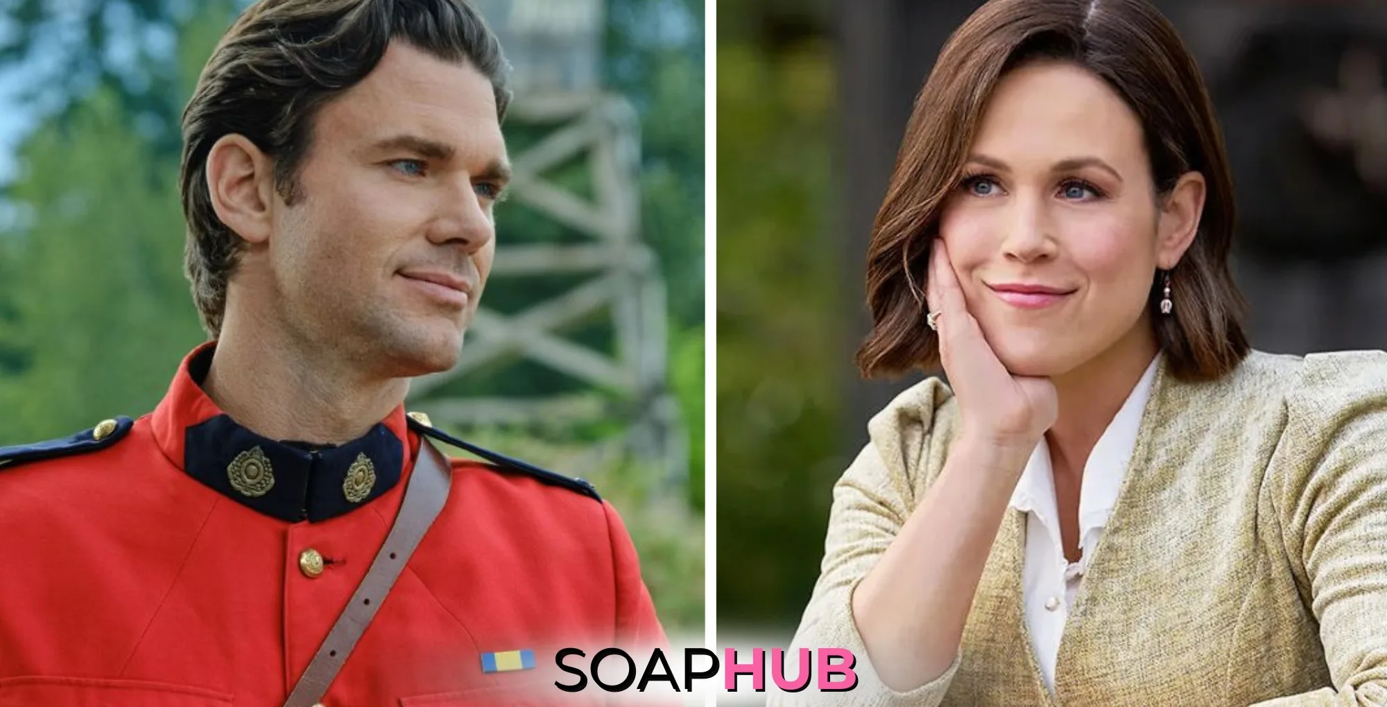 When Calls the Heart Nathan and Elizabeth with the Soap Hub logo.