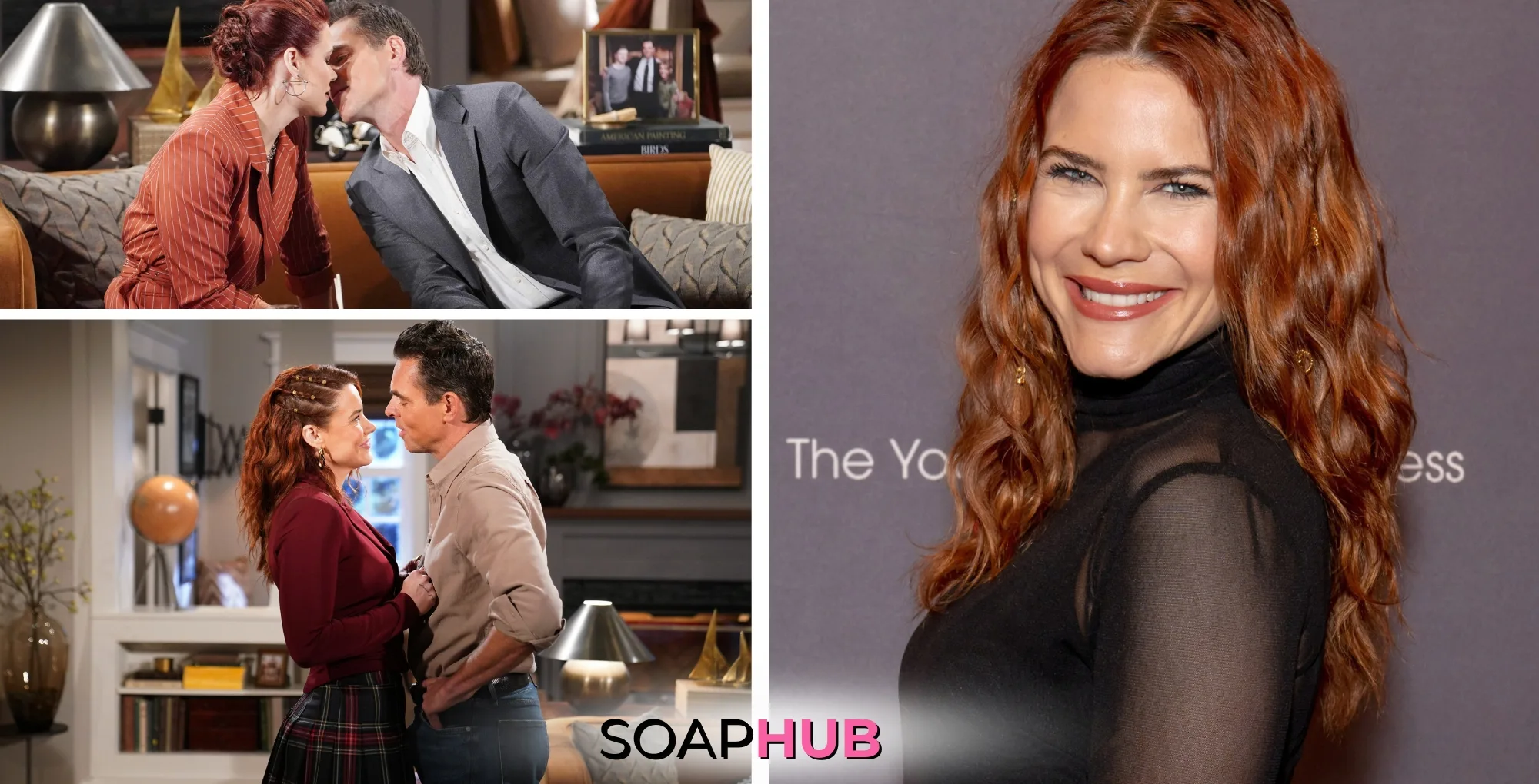 The Young and the Restless couple Sally and Billy, and actress Courtney Hope; with the Soap Hub logo underneath.