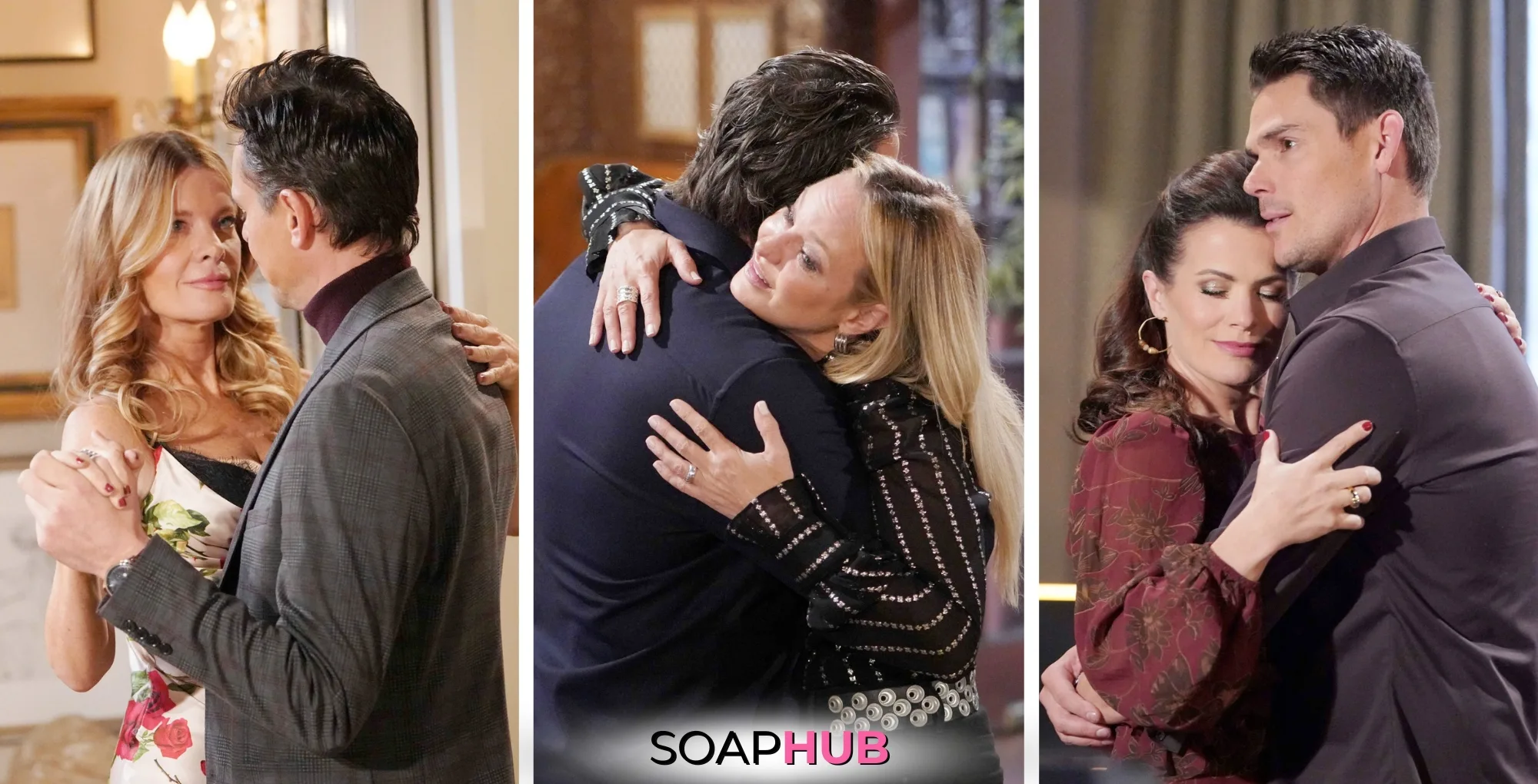 Young and the Restless Spoilers February 14 Phyllis and Billy, Nick and Sharon, Chelsea and Adam with the Soap Hub logo.