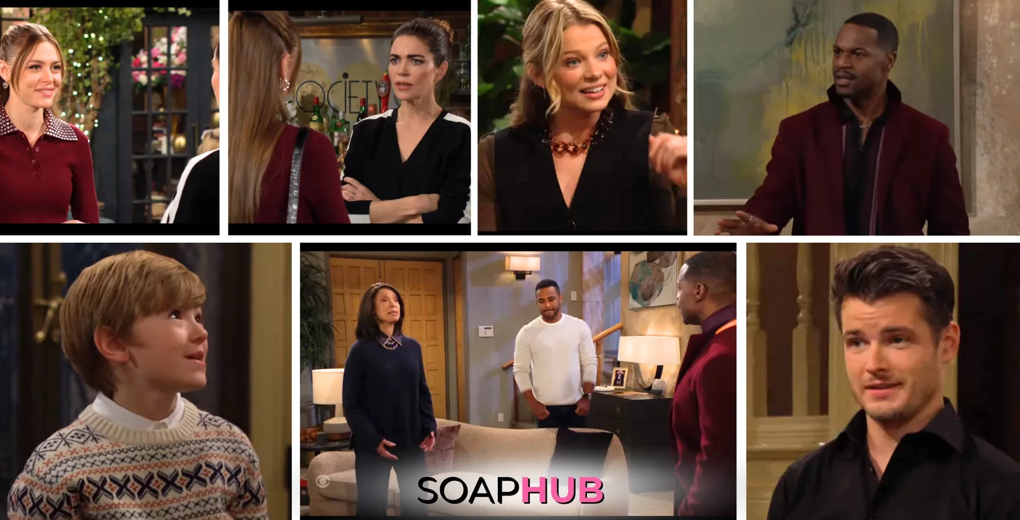 The Young and the Restless characters Claire, Victoria, Summer, Damian, Harrison, Amy, Nate, and Kyle; with the Soap Hub logo underneath.