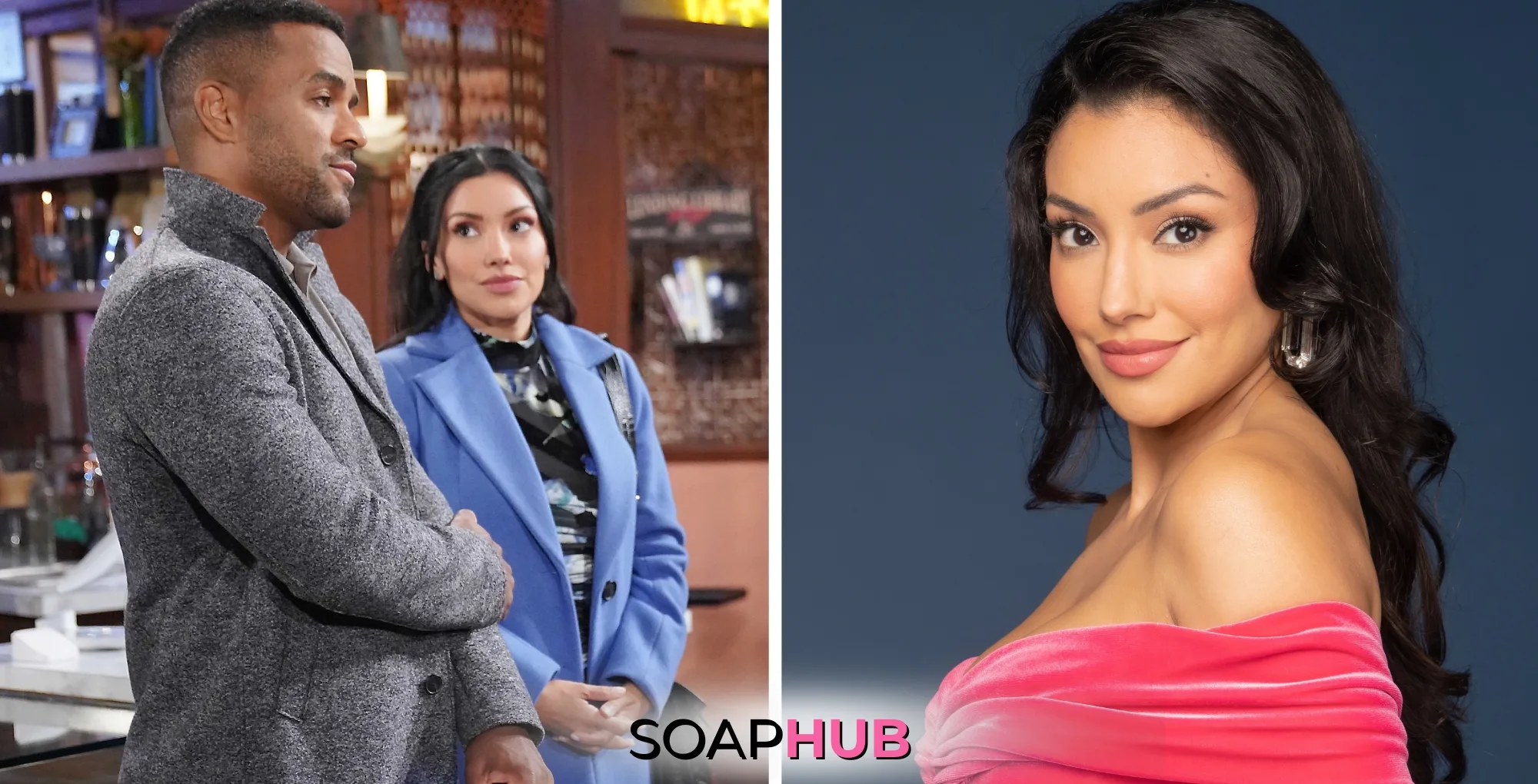 The Young and the Restless couple Nate and Audra, and actress Zuleyka Silver; with the Soap Hub logo.
