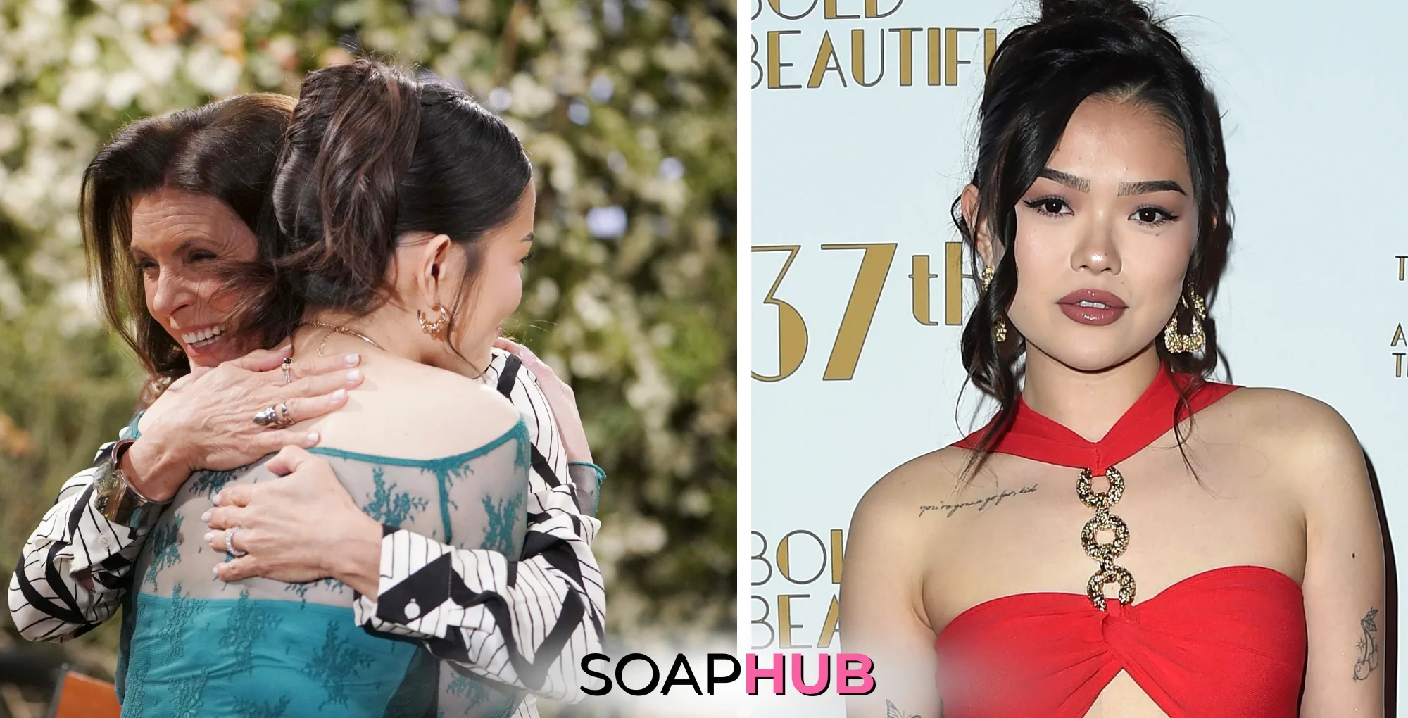 The Bold and the Beautiful characters Luna and Sheila, and actress Lisa Yamada with the Soap Hub logo underneath.