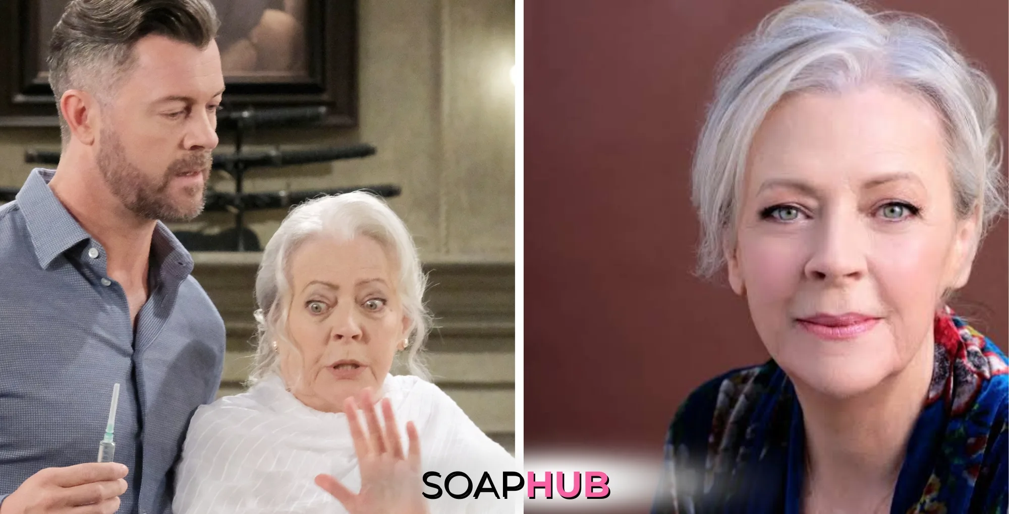 Days of Our Lives' Dan Feuerriegel and Ros Gentle with the Soap Hub logo across the bottom.