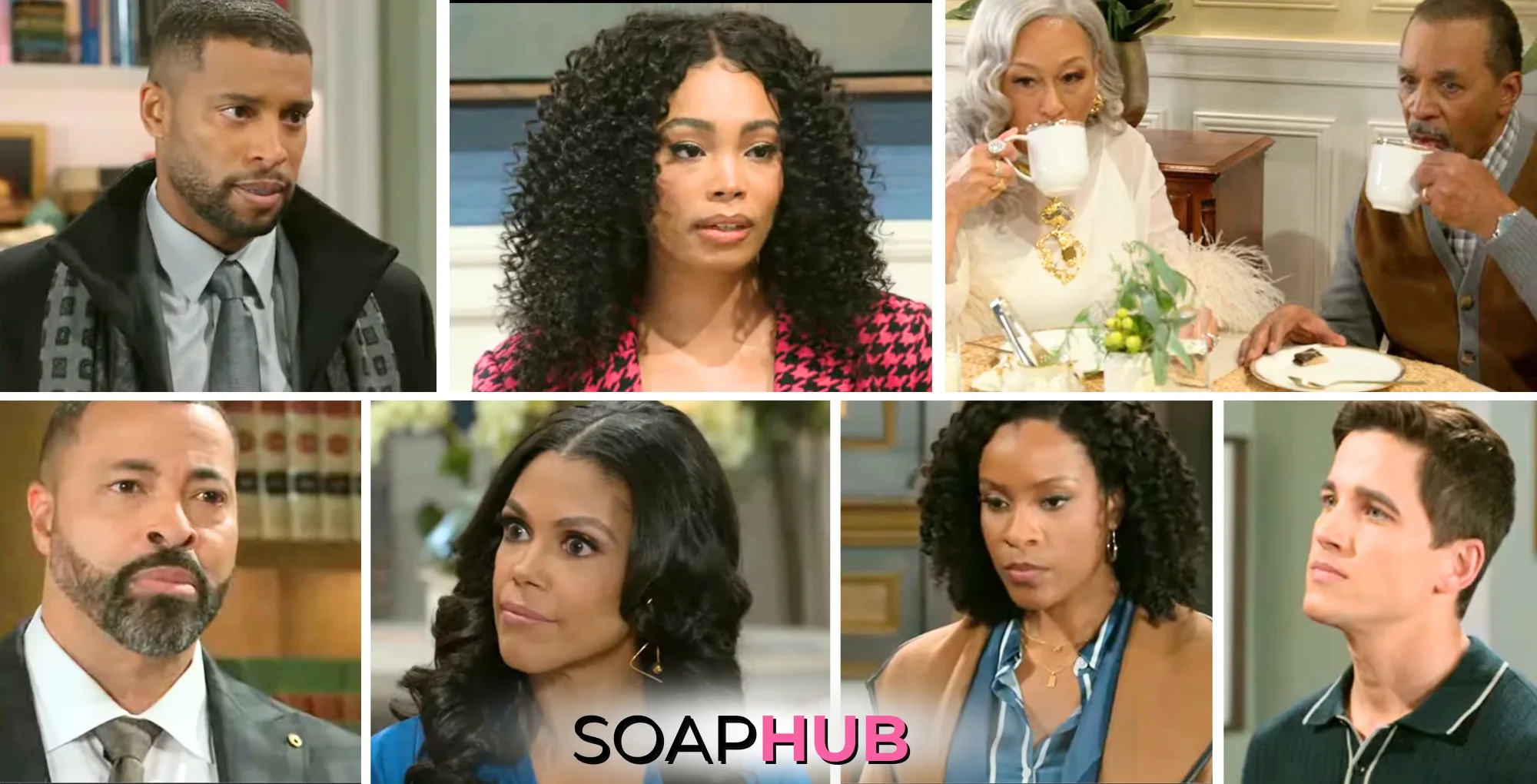 Collage of the Tuesday, March 25 episode of Beyond the Gates, with the Soap Hub logo.