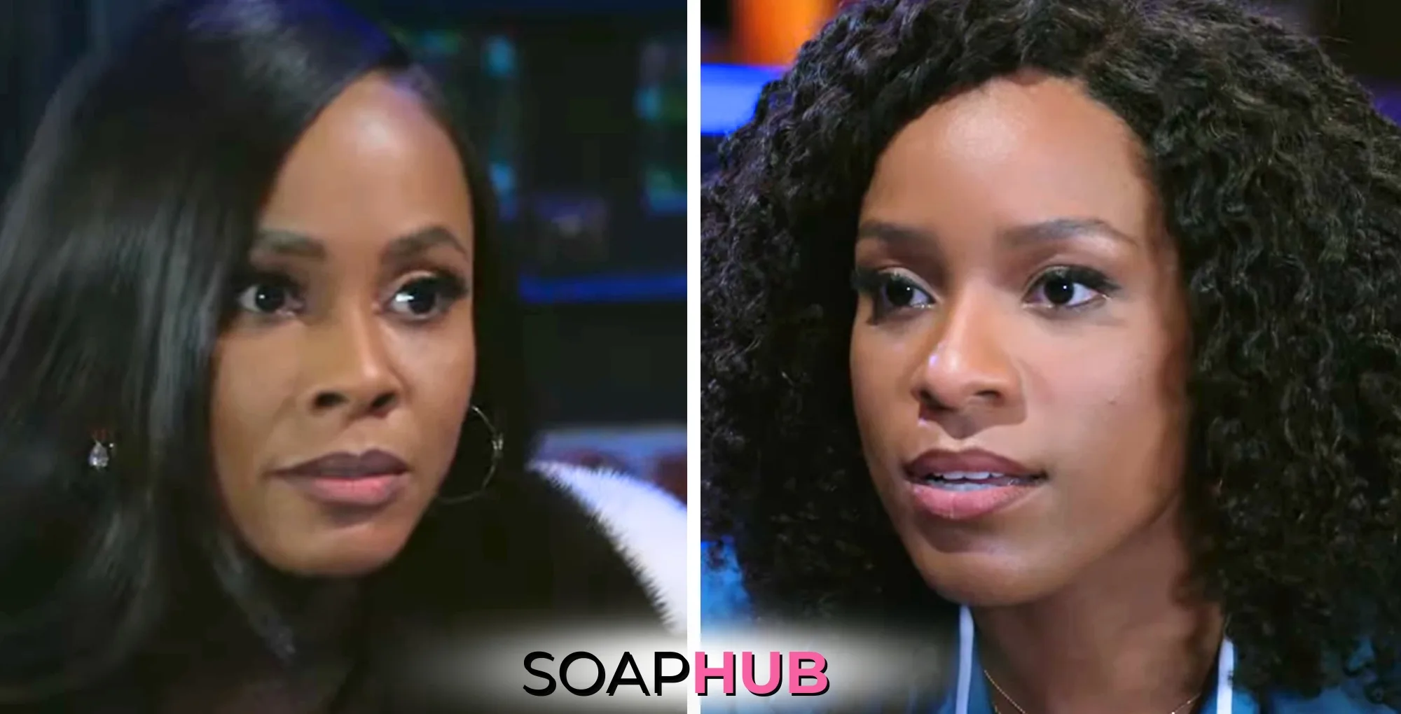 Hayley and Naomi from the Thursday, March 27 episode of Beyond the Gates, with the Soap Hub logo