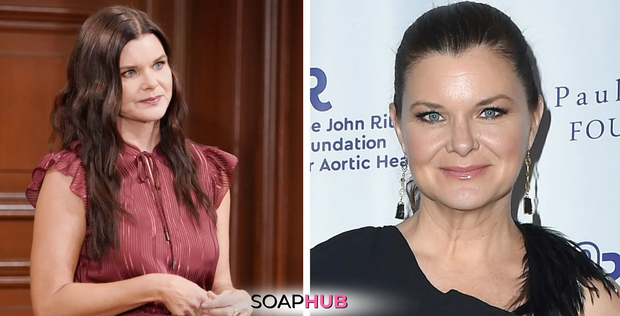 Bold and the Beautiful's Heather Tom as Katie with the Soap Hub logo.