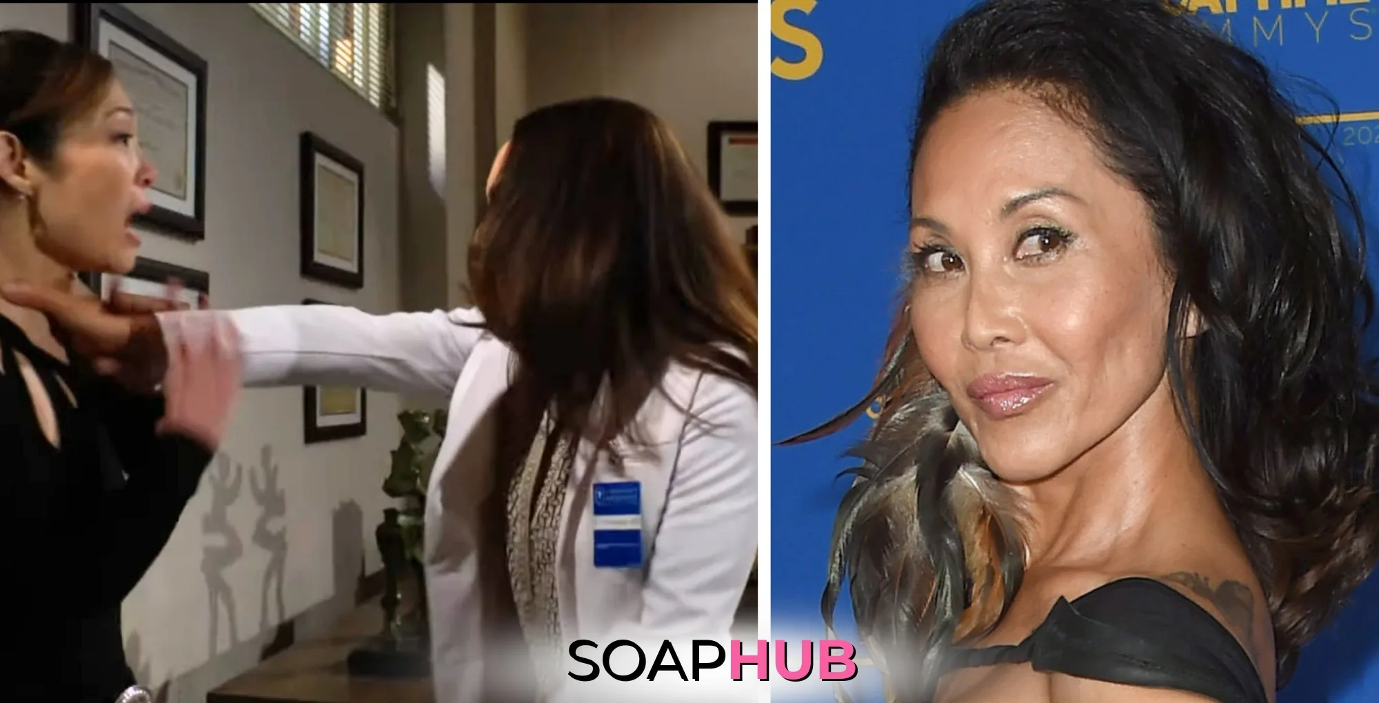 The Bold and the Beautiful characters Poppy and Li, and actress Naomi Matsuda; with the Soap Hub logo.