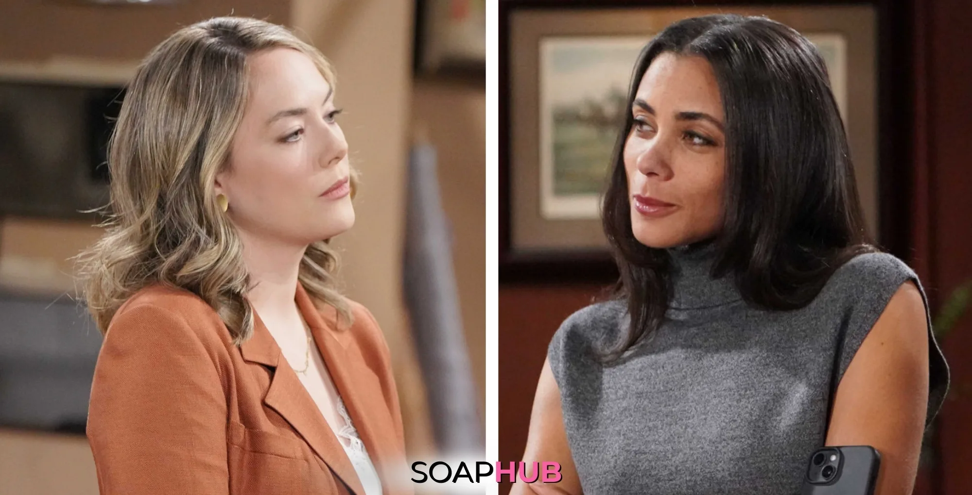 Bold and the Beautiful Must Watch Moments March 5: Hope And Daphne with the Soap Hub logo.