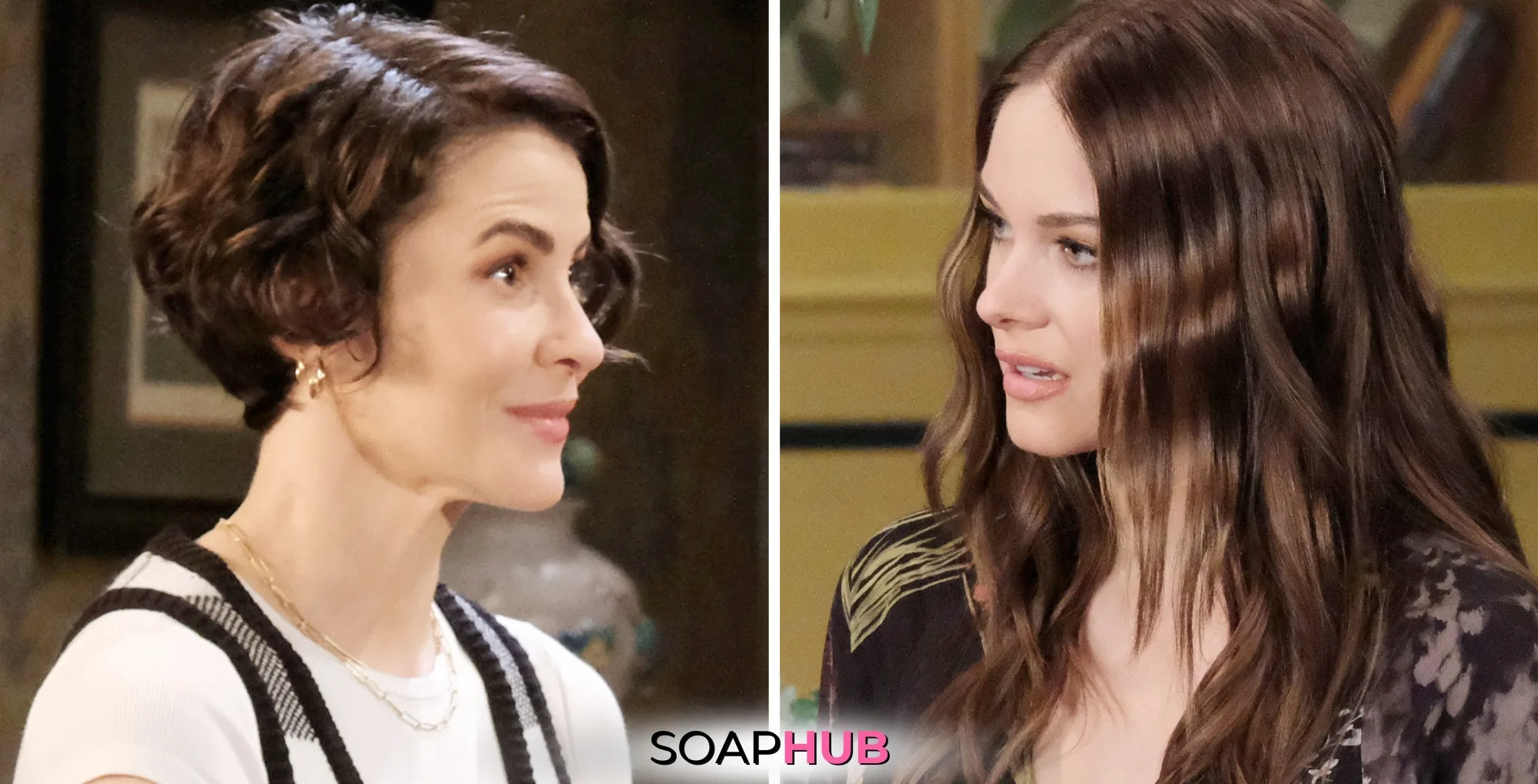 Days of our Lives Spoilers March 27 Sarah and Stephanie with the Soap Hub logo.