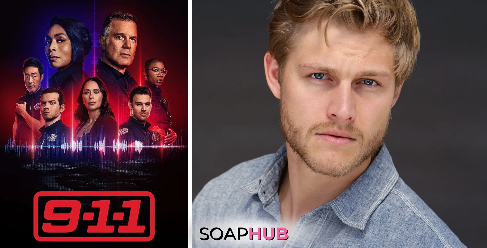 General Hospital's Bryce Durfee and the 911 Key Art, with the Soap Hub Logo
