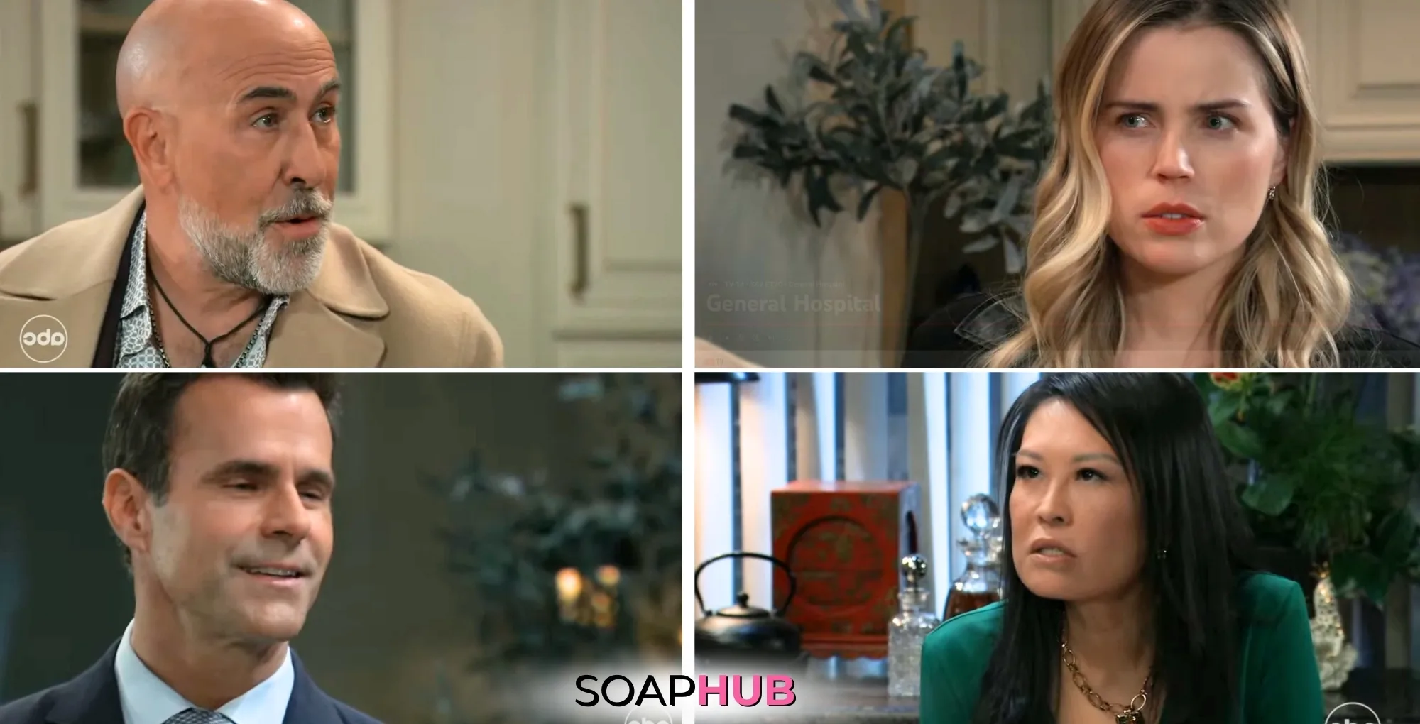 Sidwell, Sasha, Drew, and Selina on the March 3, 2025 episode of General Hospital with the Soap Hub logo across the bottom.