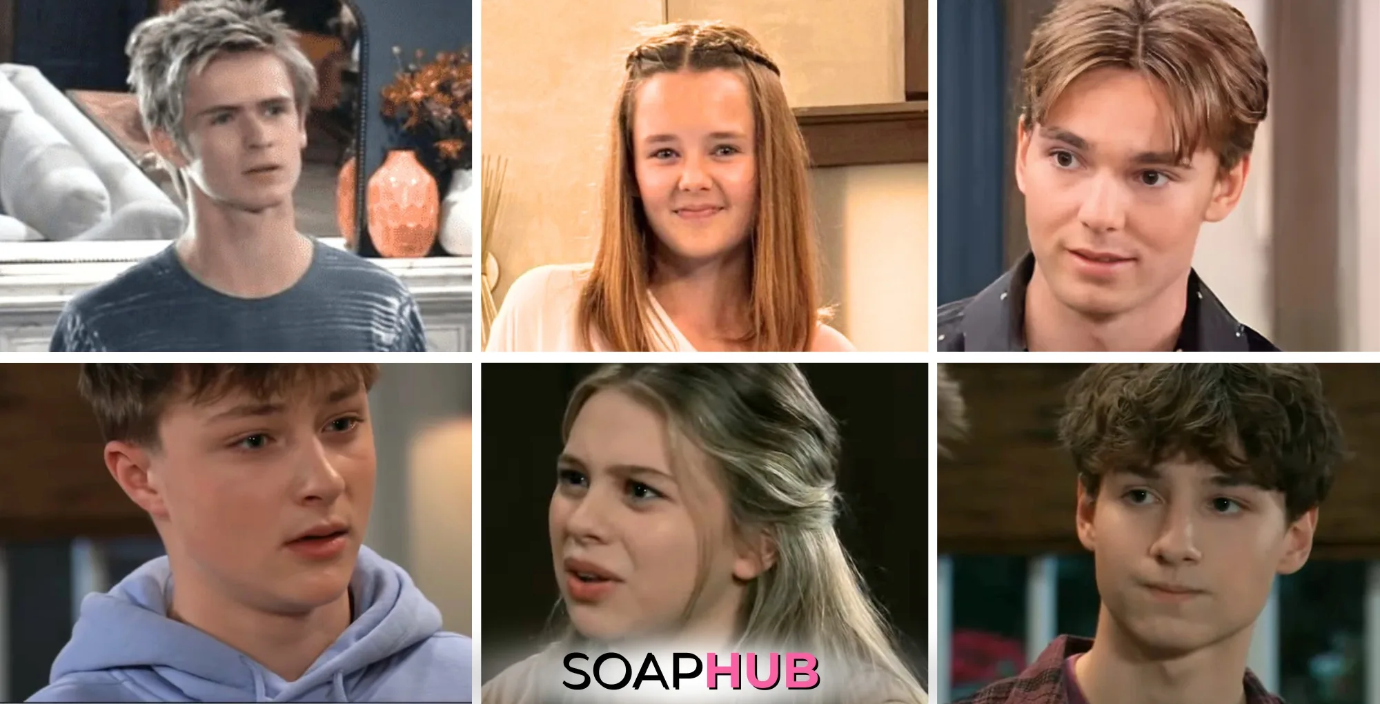 General Hospital Jake, Georgie, Aiden, Danny, Charlotte, Rocco with the Soap Hub logo